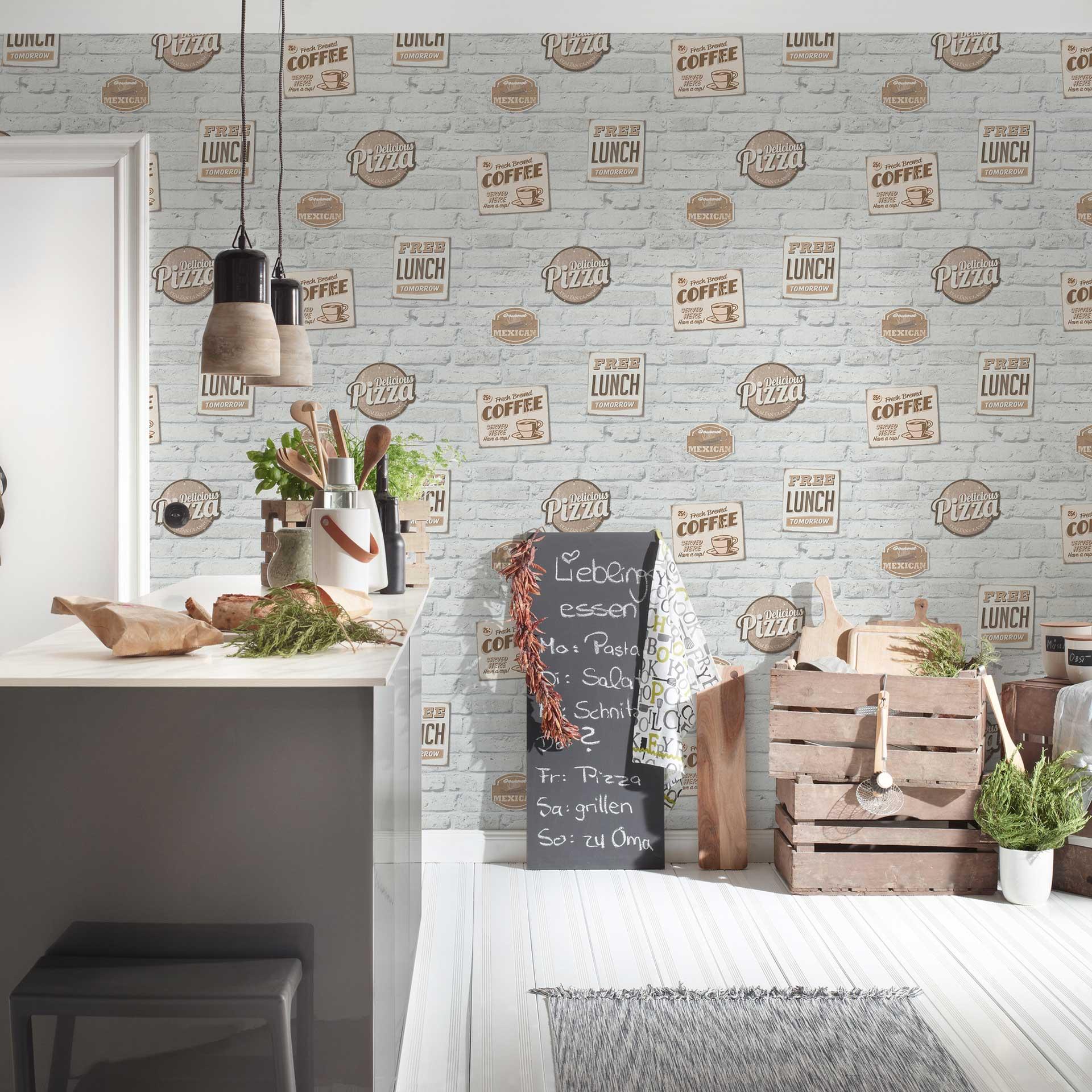 Selvklæbende tapet & møbelvinyl - kaffe og pizza - hvid, beige - rulle 840x53 cm 
