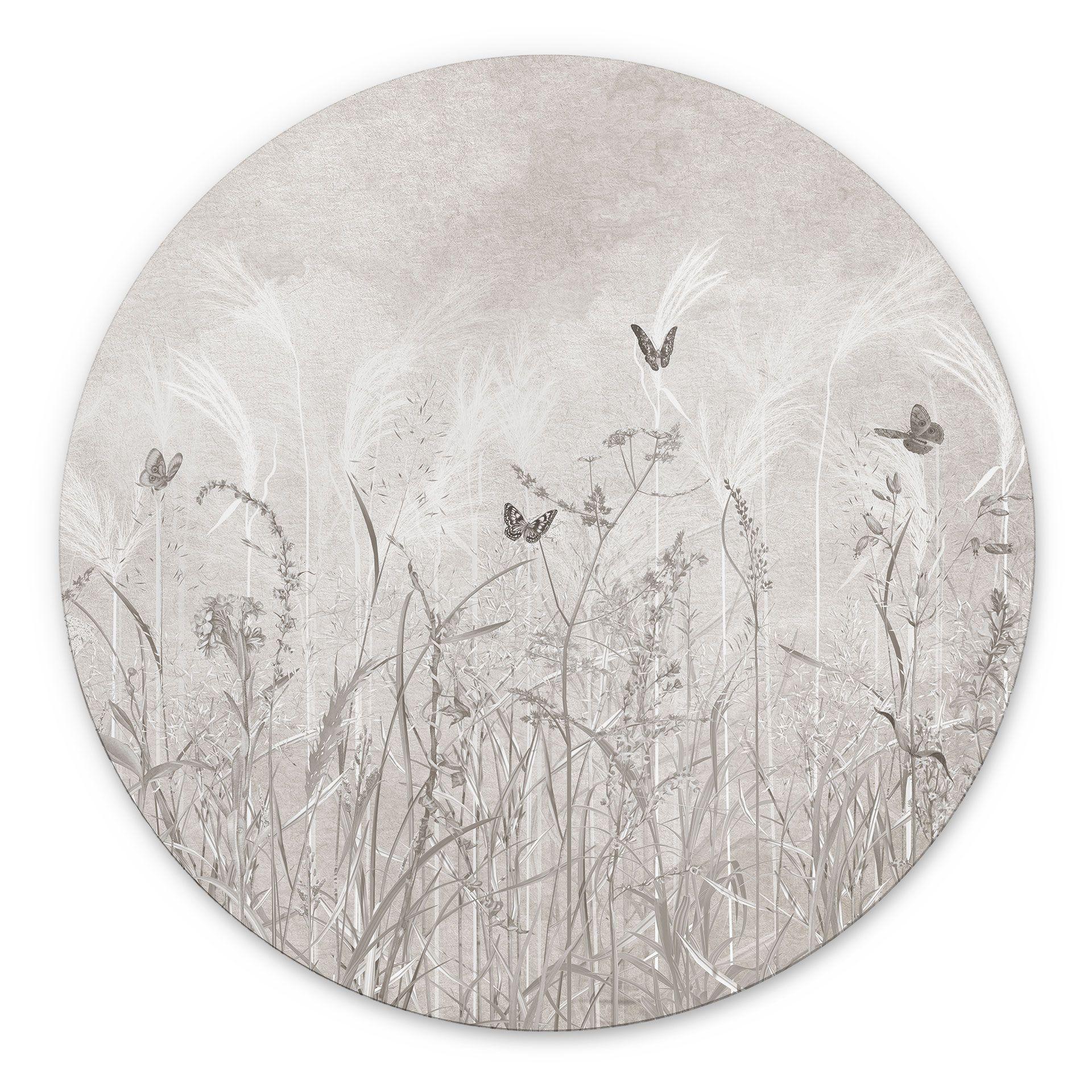 Wanddecoratie wilde bloemenweide met vlinders in Scandinavisch design - Ms Tiff - Alu-Dibond Rond