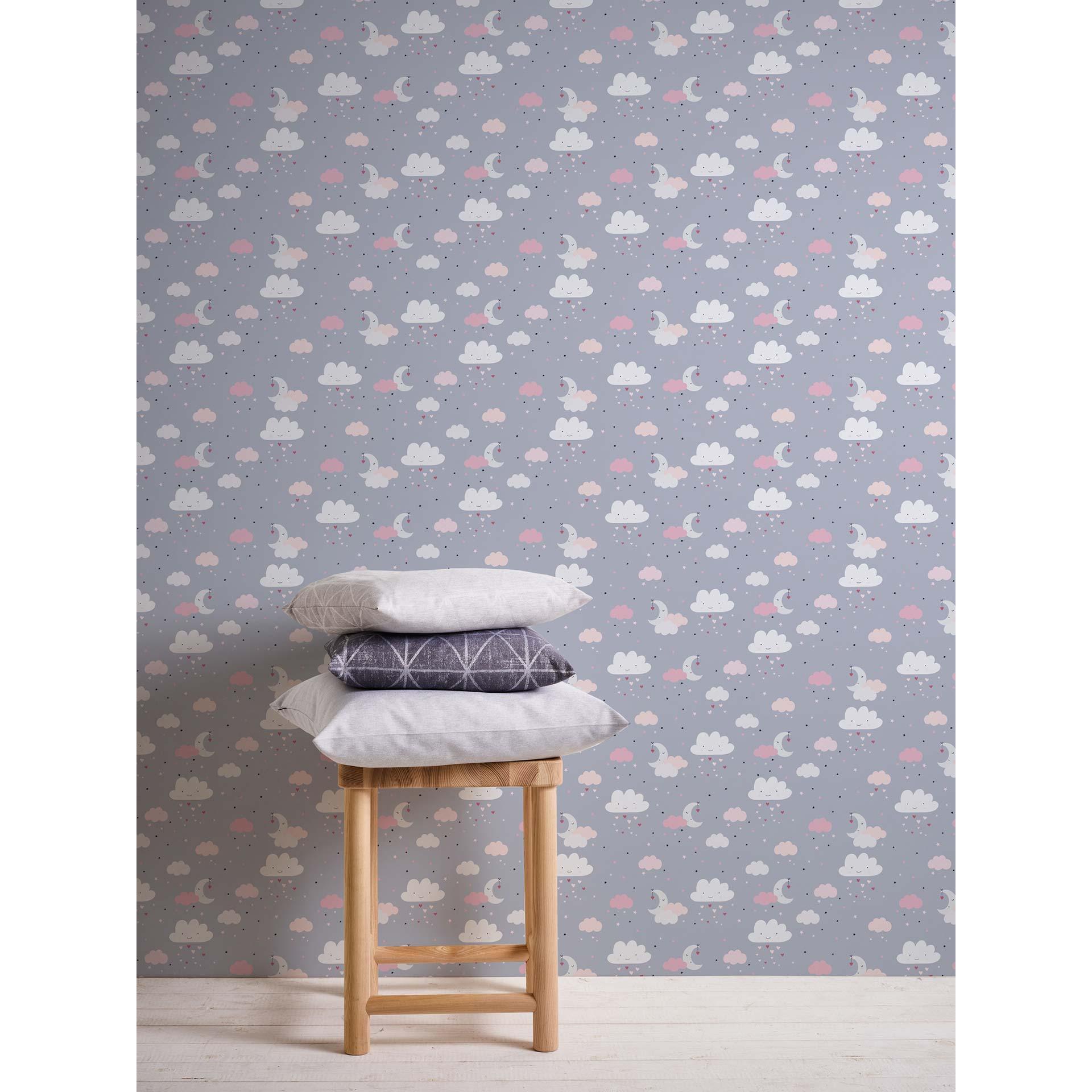 Drømmende børnetapet med skymotiv i grå, rosa og beige - Made in Germany