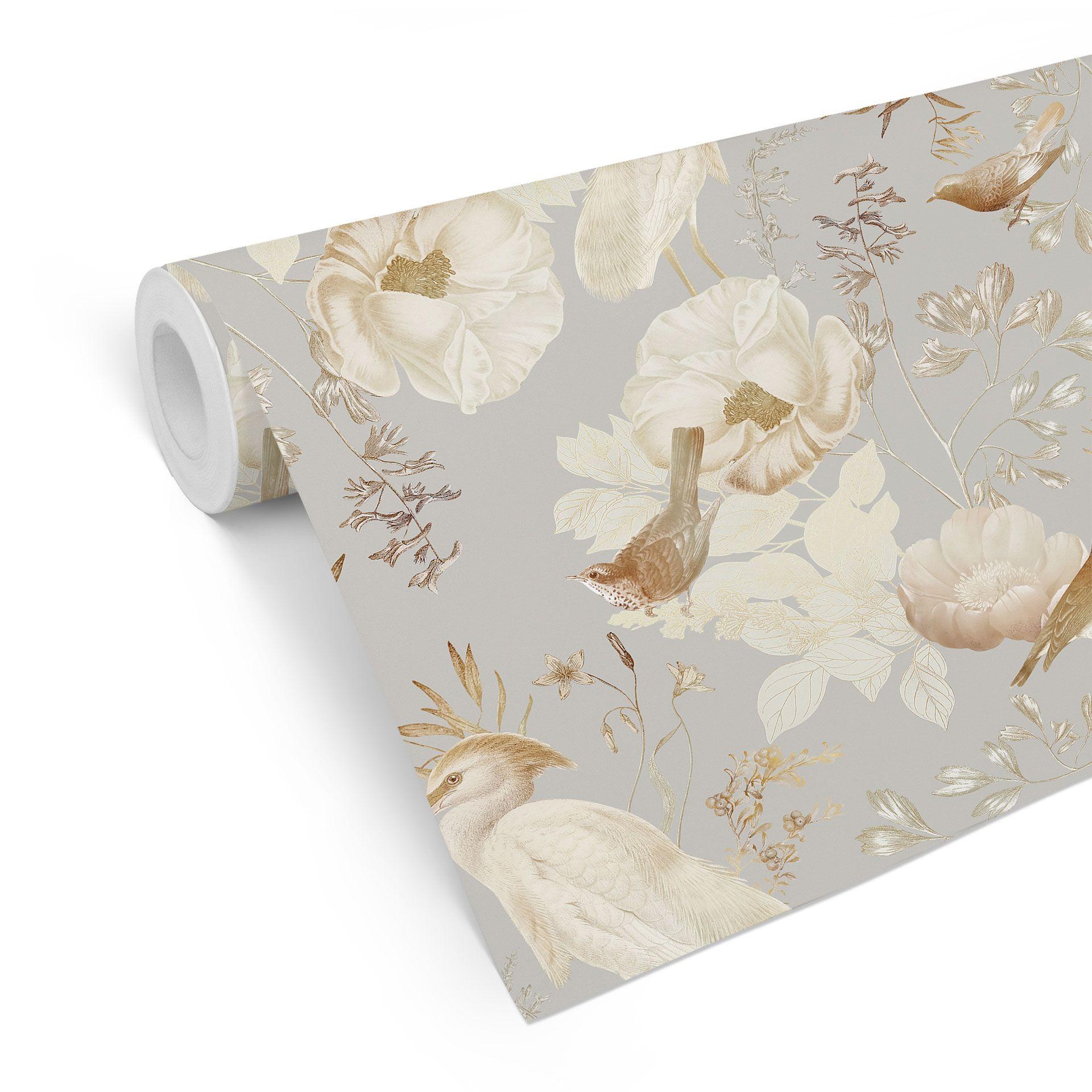 Tapet med mønster - fugle blandt hvide blomster - UN Designs
