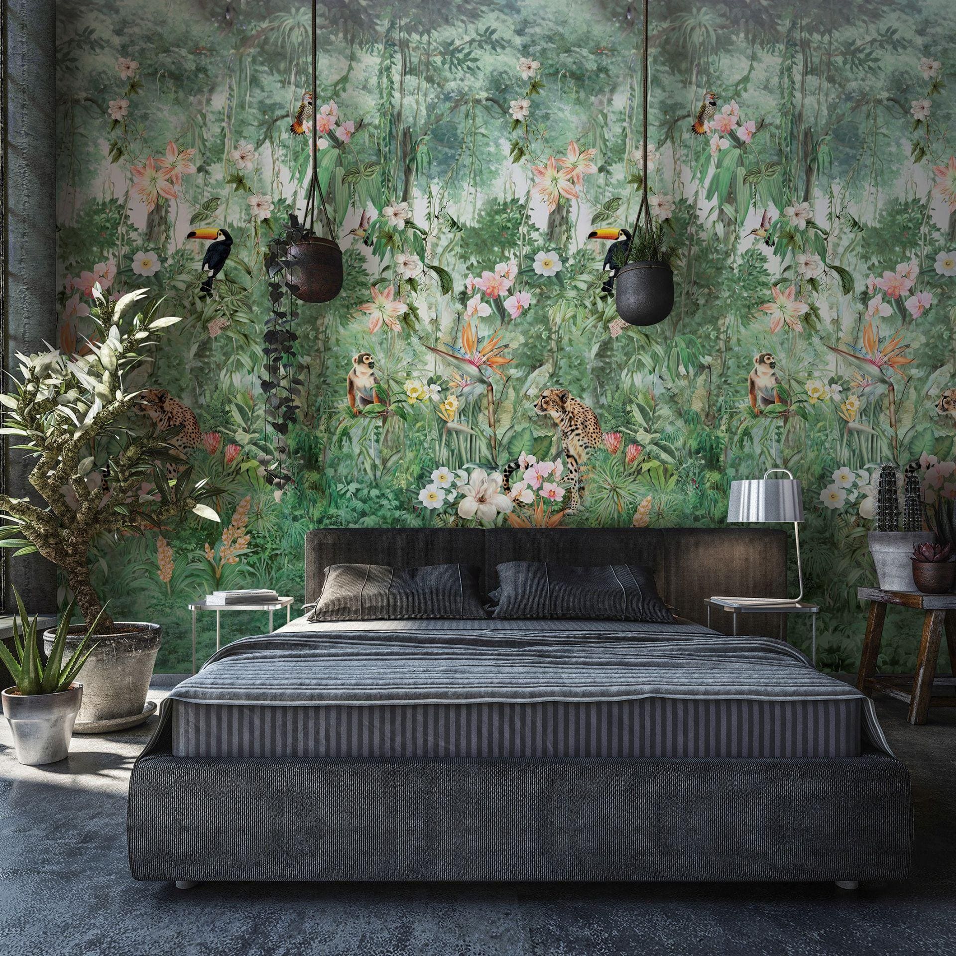 Fototapet med motivet jungledrøm med tukan, leopard og tropiske blomster 3,4 x 2,12 m