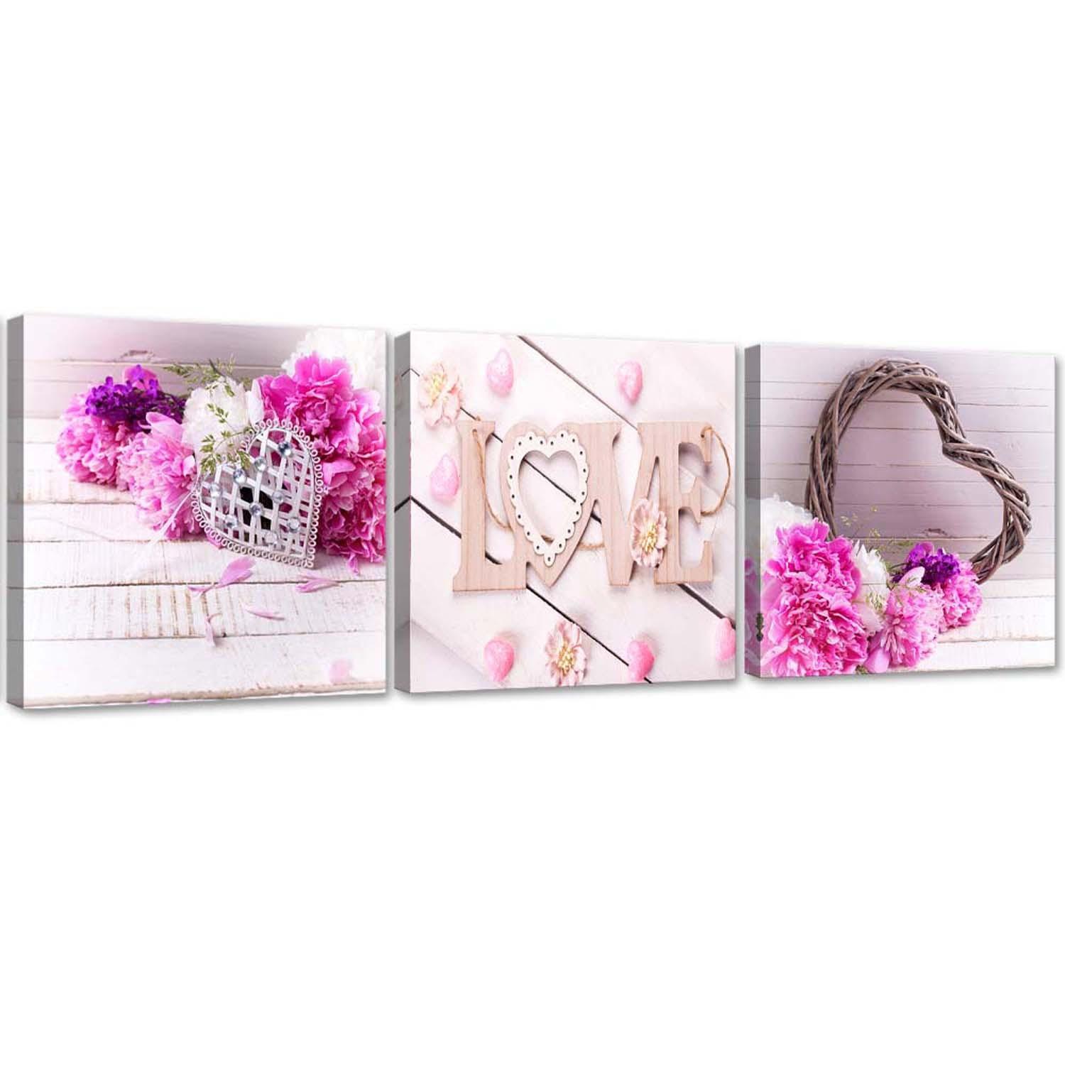 3 stykke lærredsprint, Pink Flower LOVE Inscription