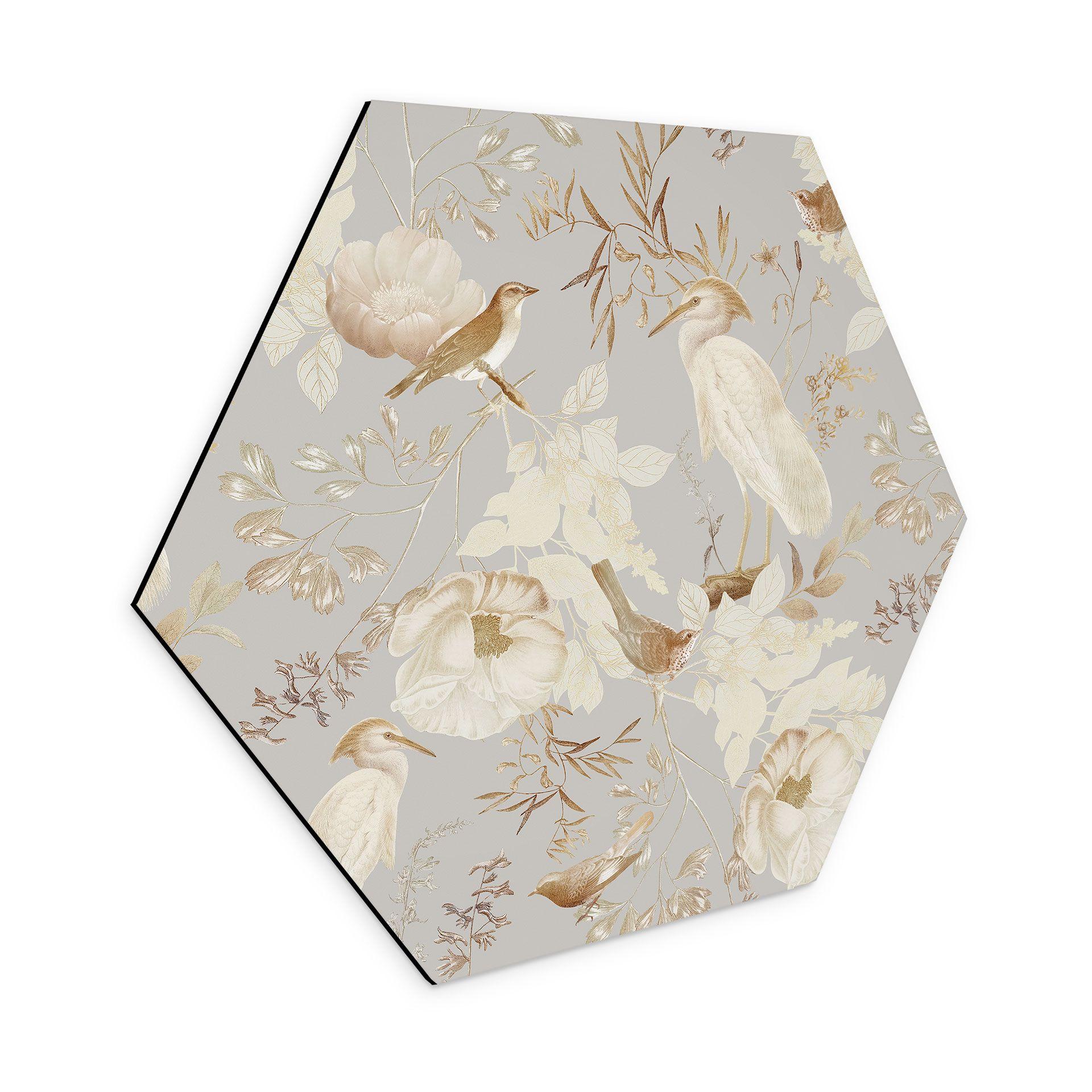 Hexagon Dibond Fugle blandt hvide blomster - UN Designs