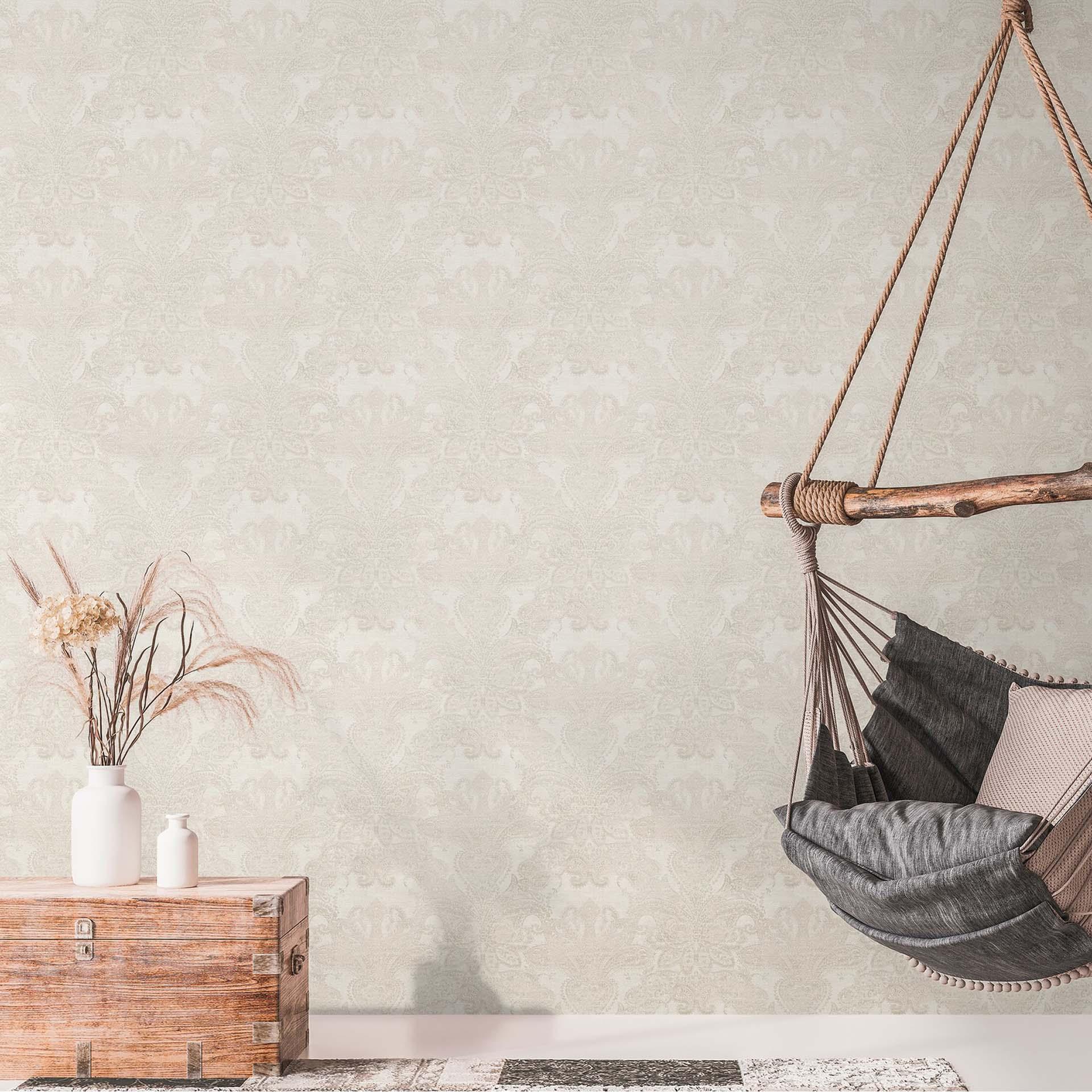 Papel pintado tejido-no tejido barroco vintage blanco, gris crema - papel pintado motivo con ornamentos