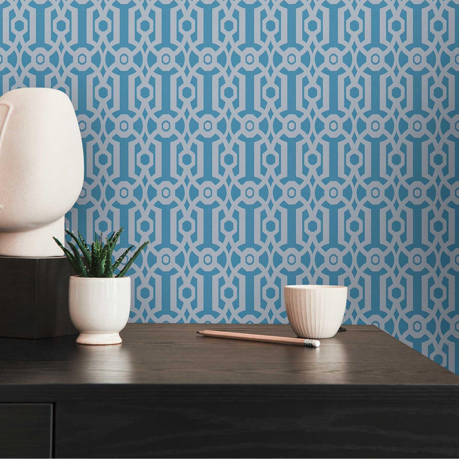 retro tapet i grafisk stil blå grå - vintage geometrisk non-woven tapet