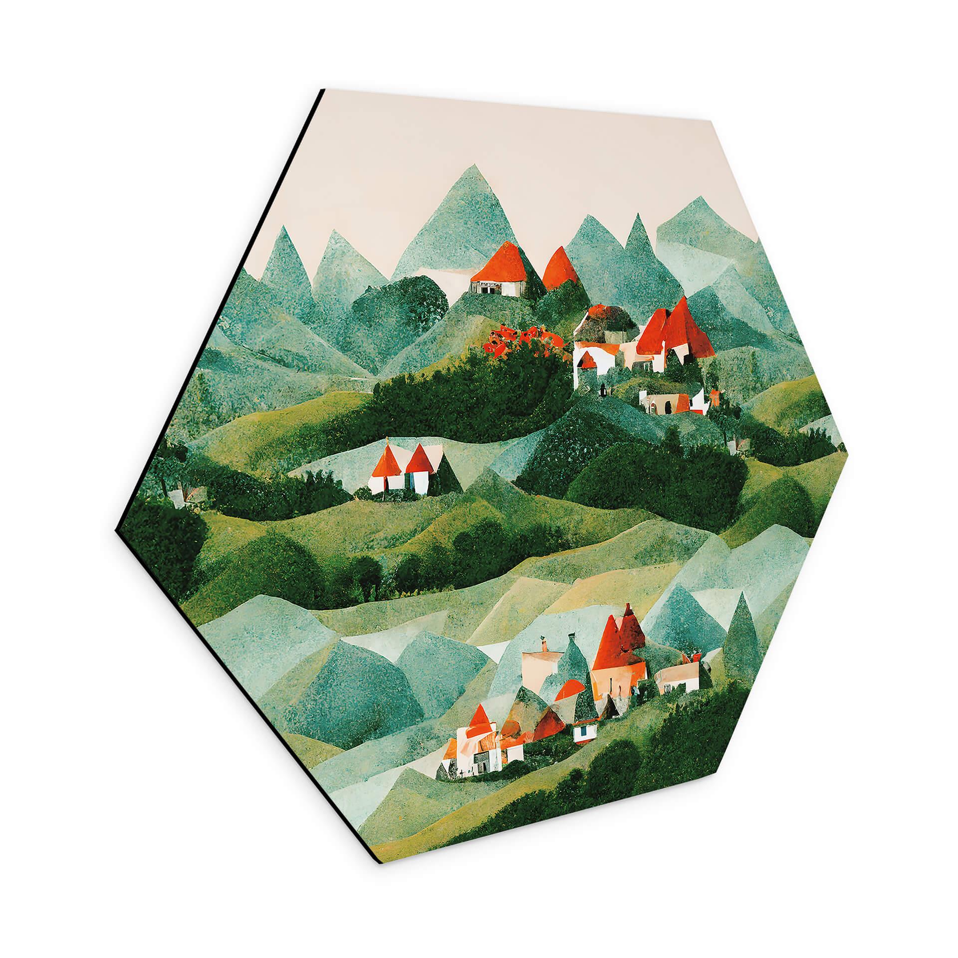 Hexagon Dibond Treechild - Small village in the middle of green hills