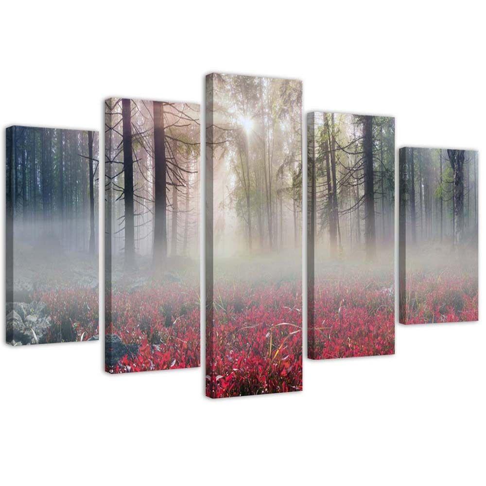 5 stykke lærred Print Fog Forest Glade Flowers