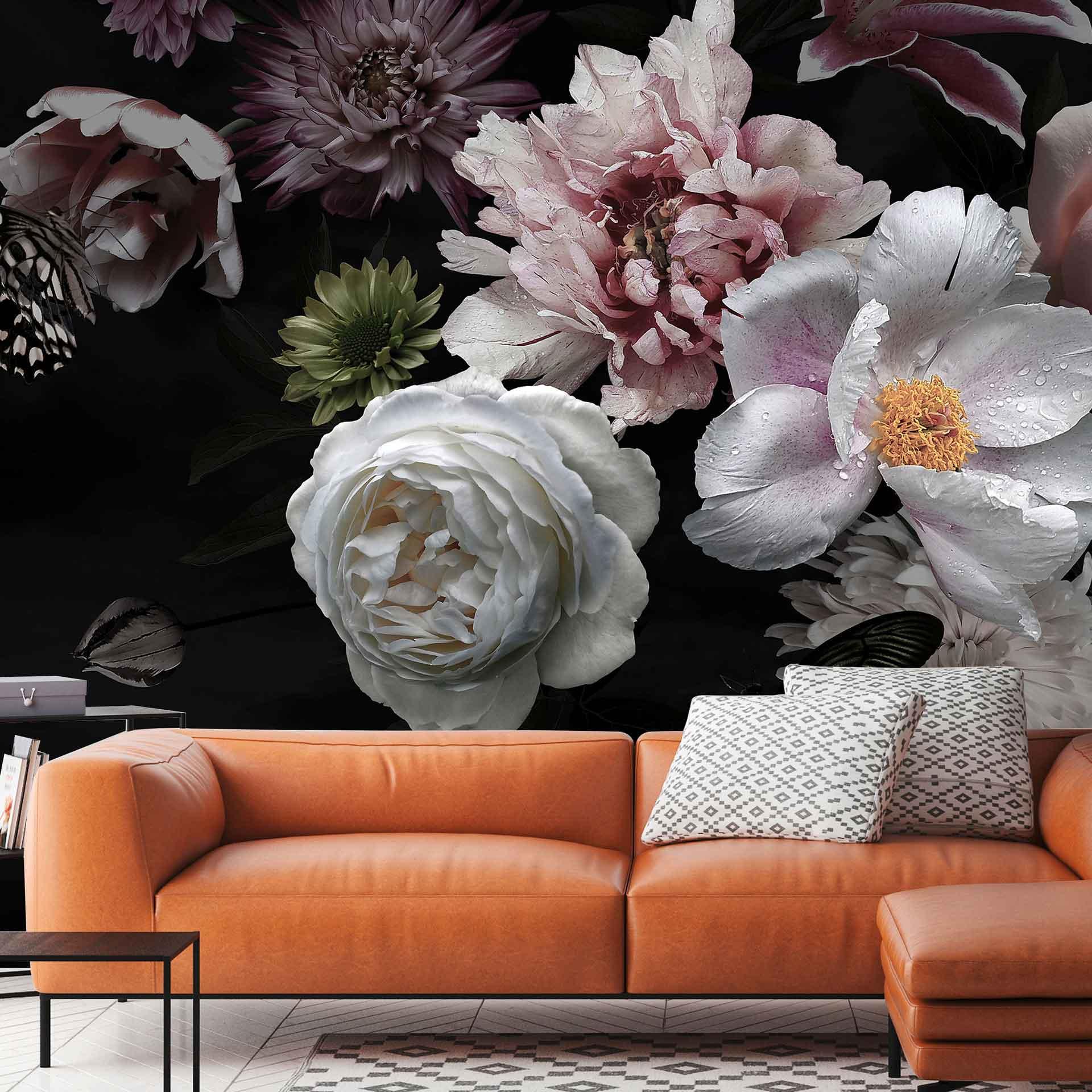 Floral Flowerbouquet tapet i sort og hvid - non-woven tapet Designwalls 2 - 2,55 x 3,5 m