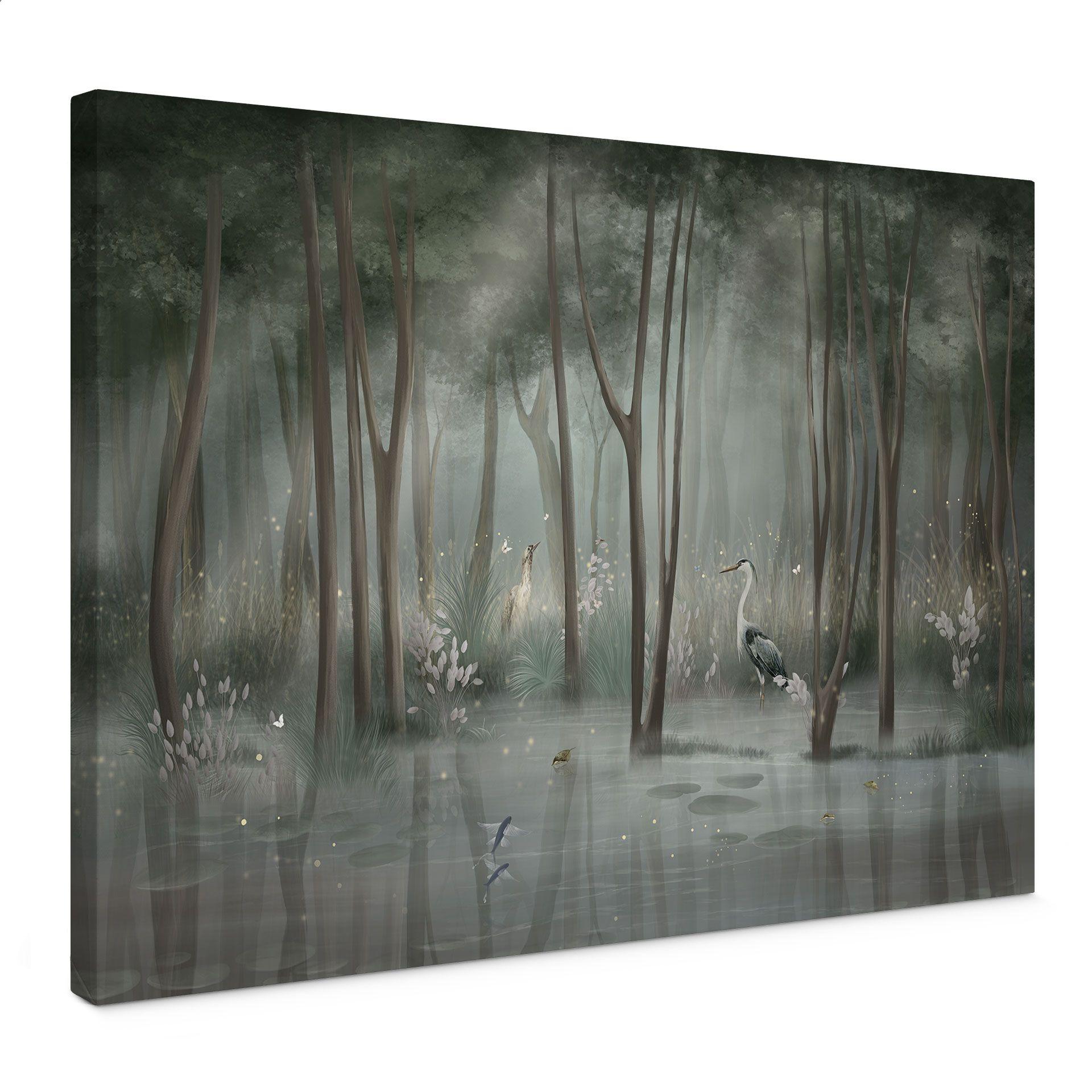 Canvas schilderij Wolkenbos aan het meer met reiger in het groen - Ms Tiff
