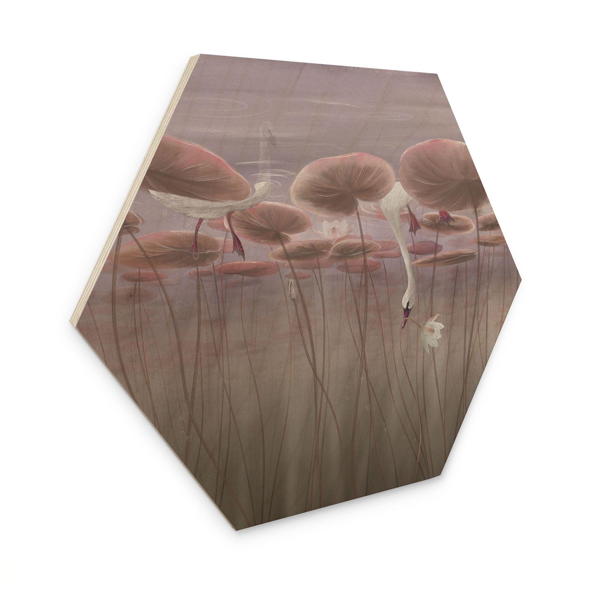 Houten Wanddecoratie zeshoekig lotusbloemen met zwaan in water in donkerroze - Ms Tiff