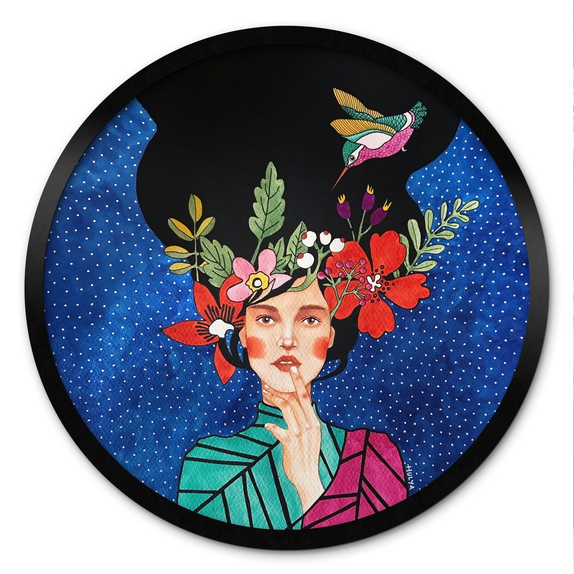Póster mujer con colibrí en la noche estrellada - Hülya - Redondo