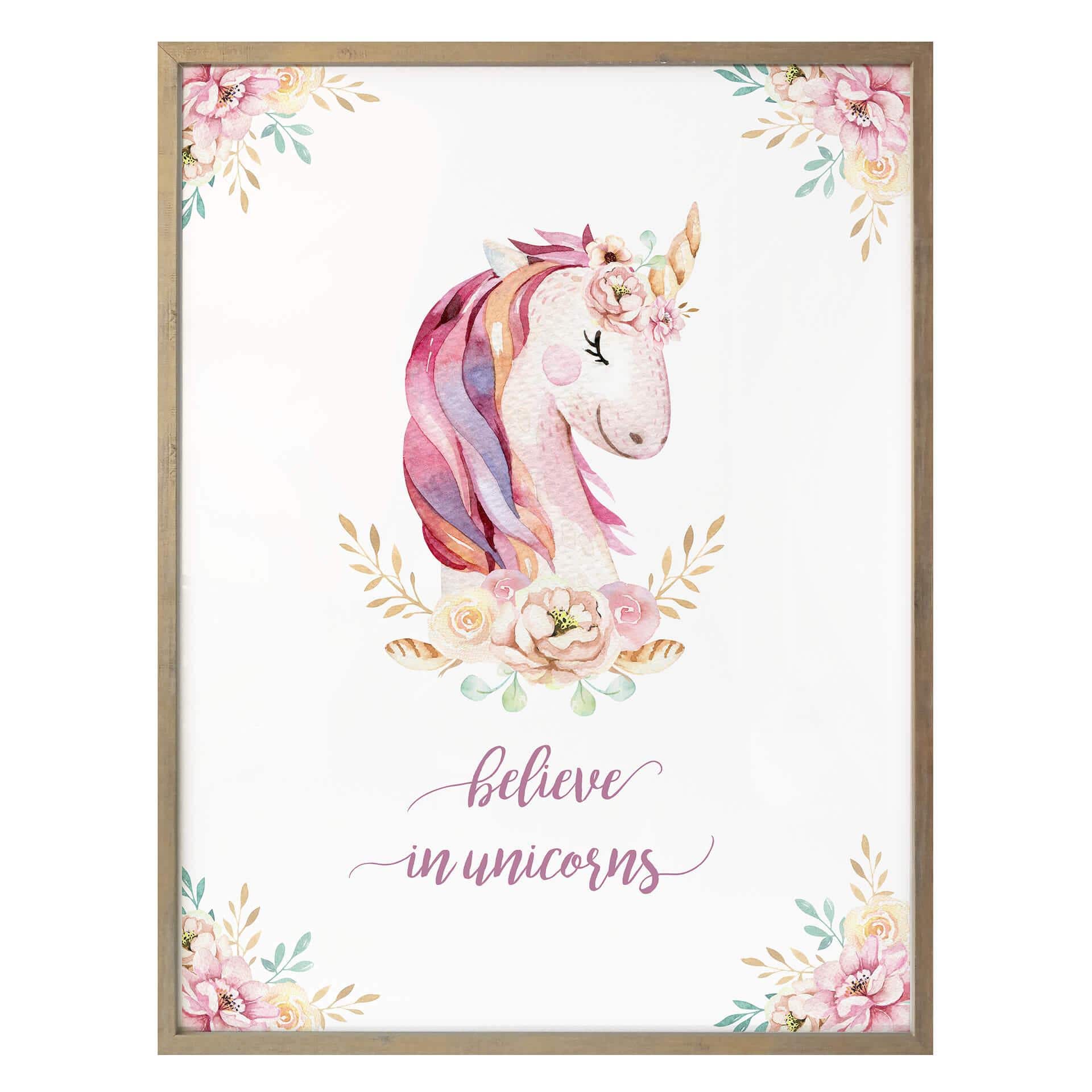 Póster Kvilis - Believe in Unicorns - Unicornio con flores