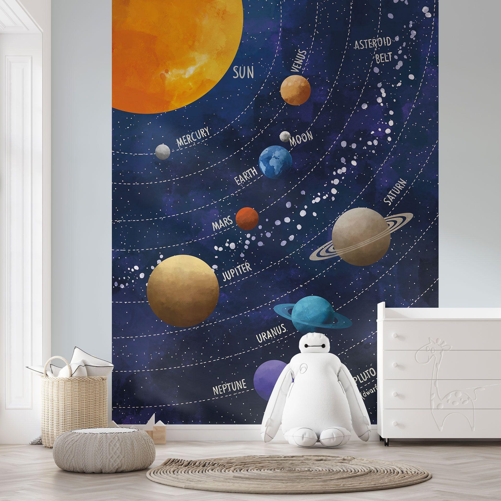 Papier peint système solaire avec planètes et soleil | Papier peint espace pour enfants - Cats & Dot