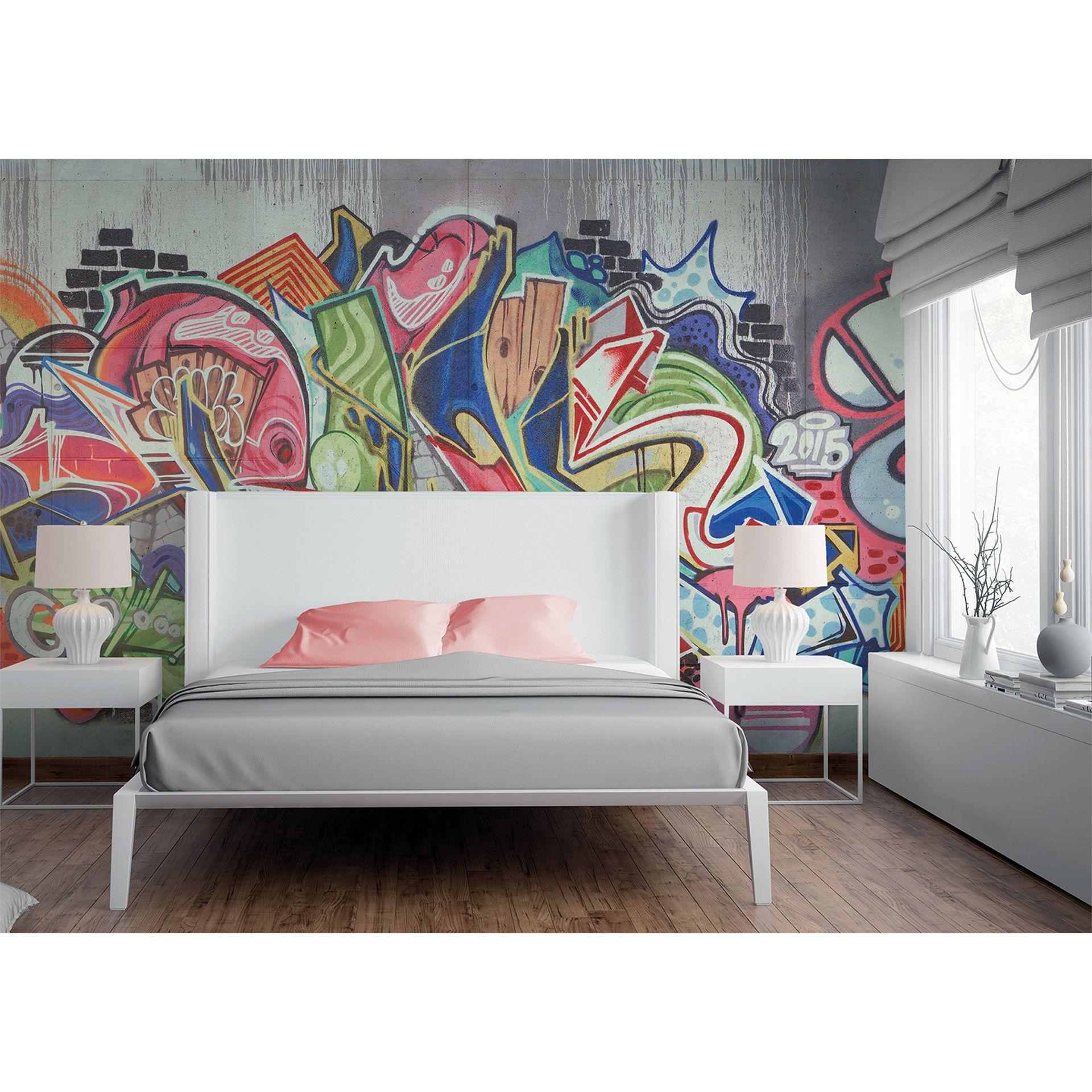 non-woven tapet Graffiti fototapet Designwalls i farverige og grå farverige vægge 