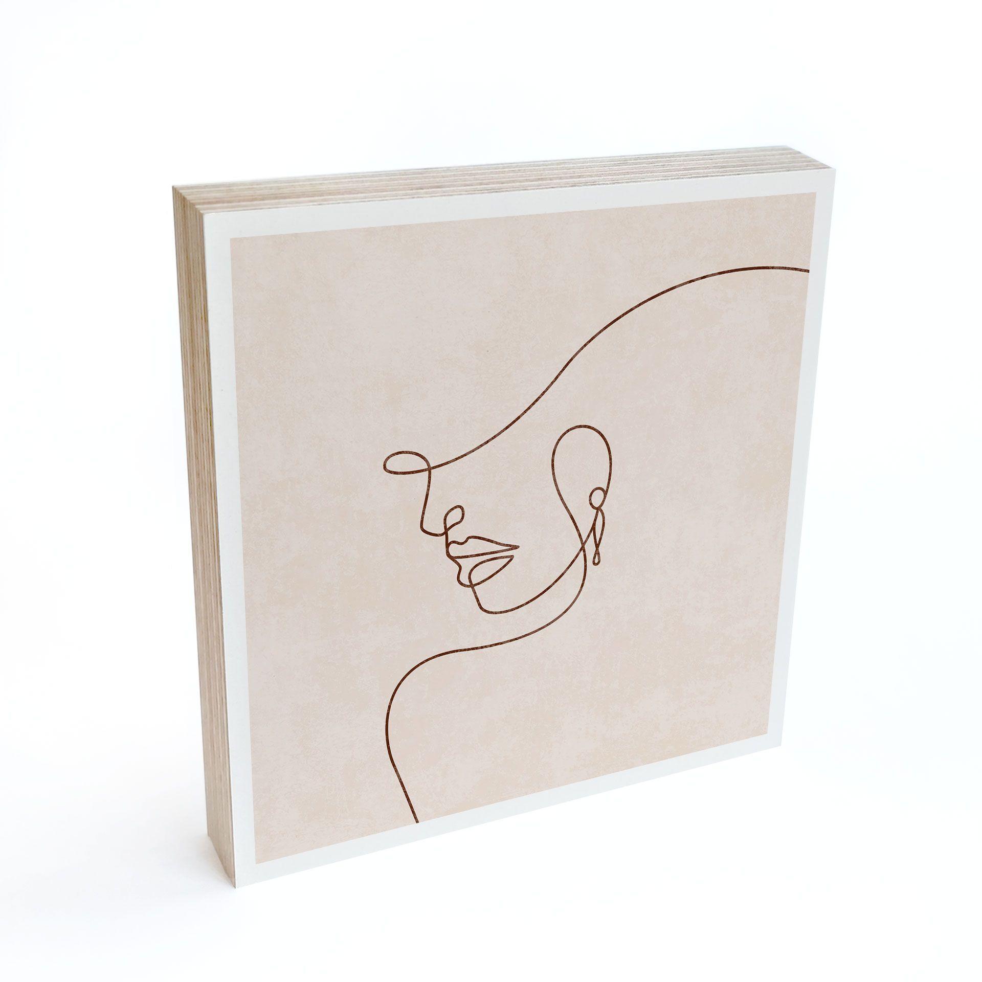 Billede af træ til at sætte op - Delikate konturer af en kvinde - Line Art - Tunaboylu - 15x15 cm