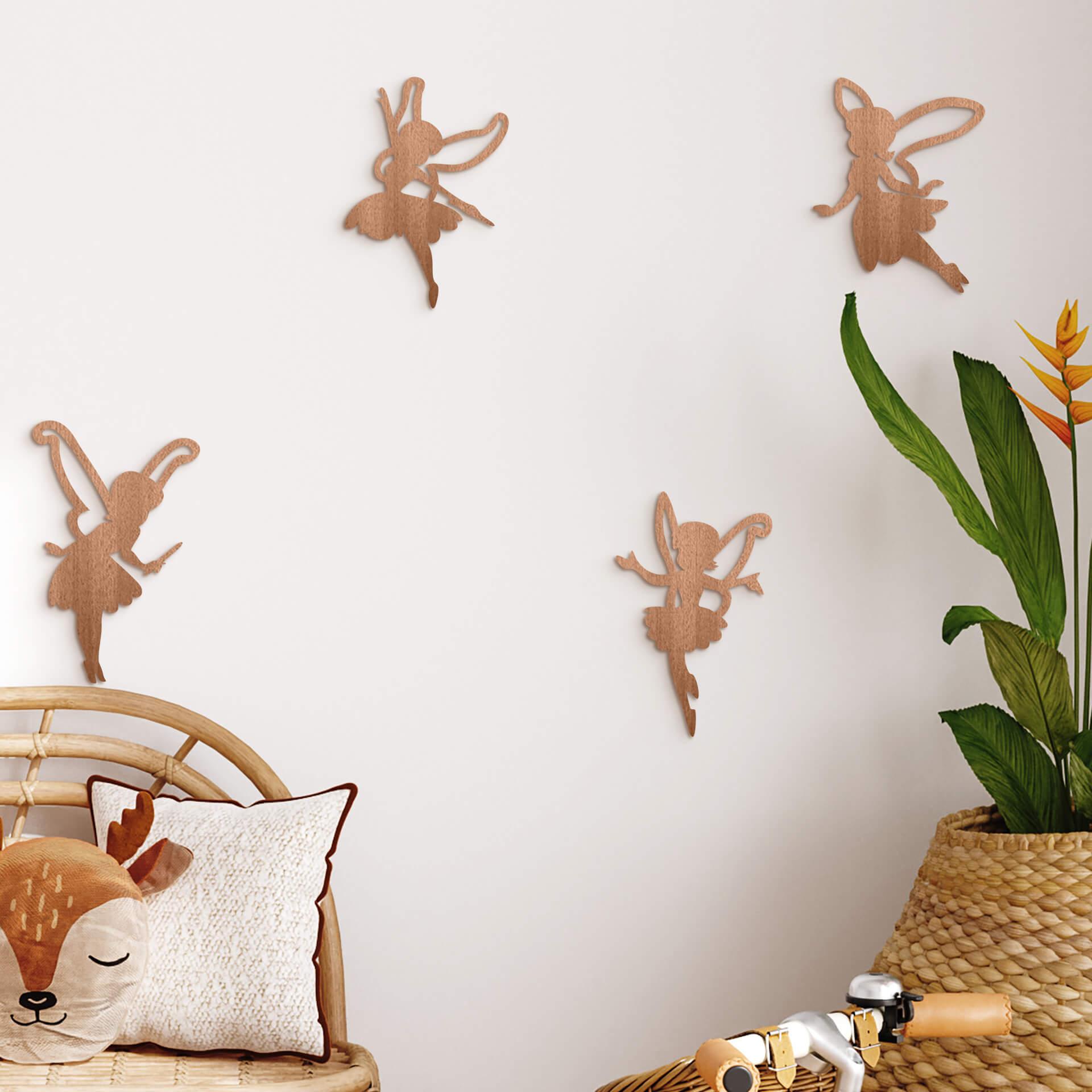 Decoración en madera habitación de niña hadas - caoba (4 piezas)