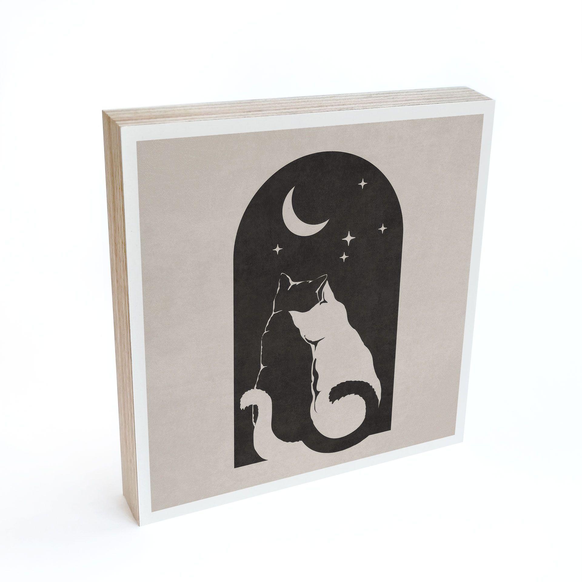 Billede af træ til at sætte op - To katte i måneskinnet - 15x15 cm