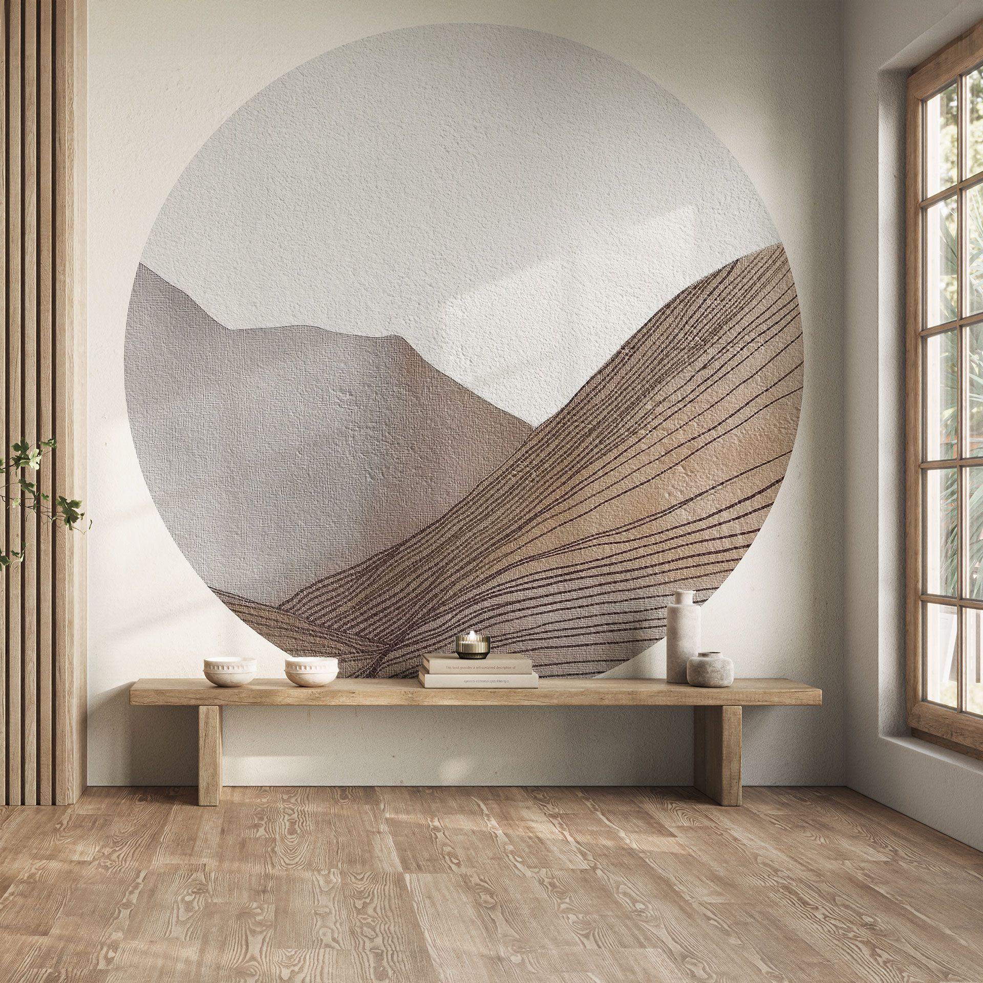 Minimalistisk bjergskitse | Linjekunst Fototapet - Alma - Rund - vliesetapet/selvklæbende non-woven 