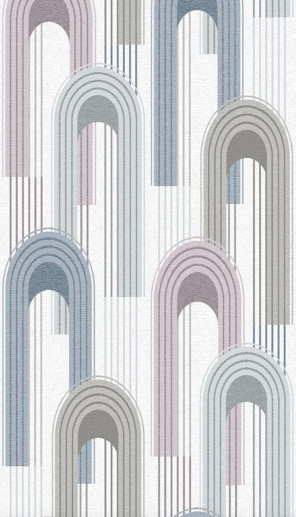 Non-woven tapet med rundbue-motiver i grå, beige, blå grafik