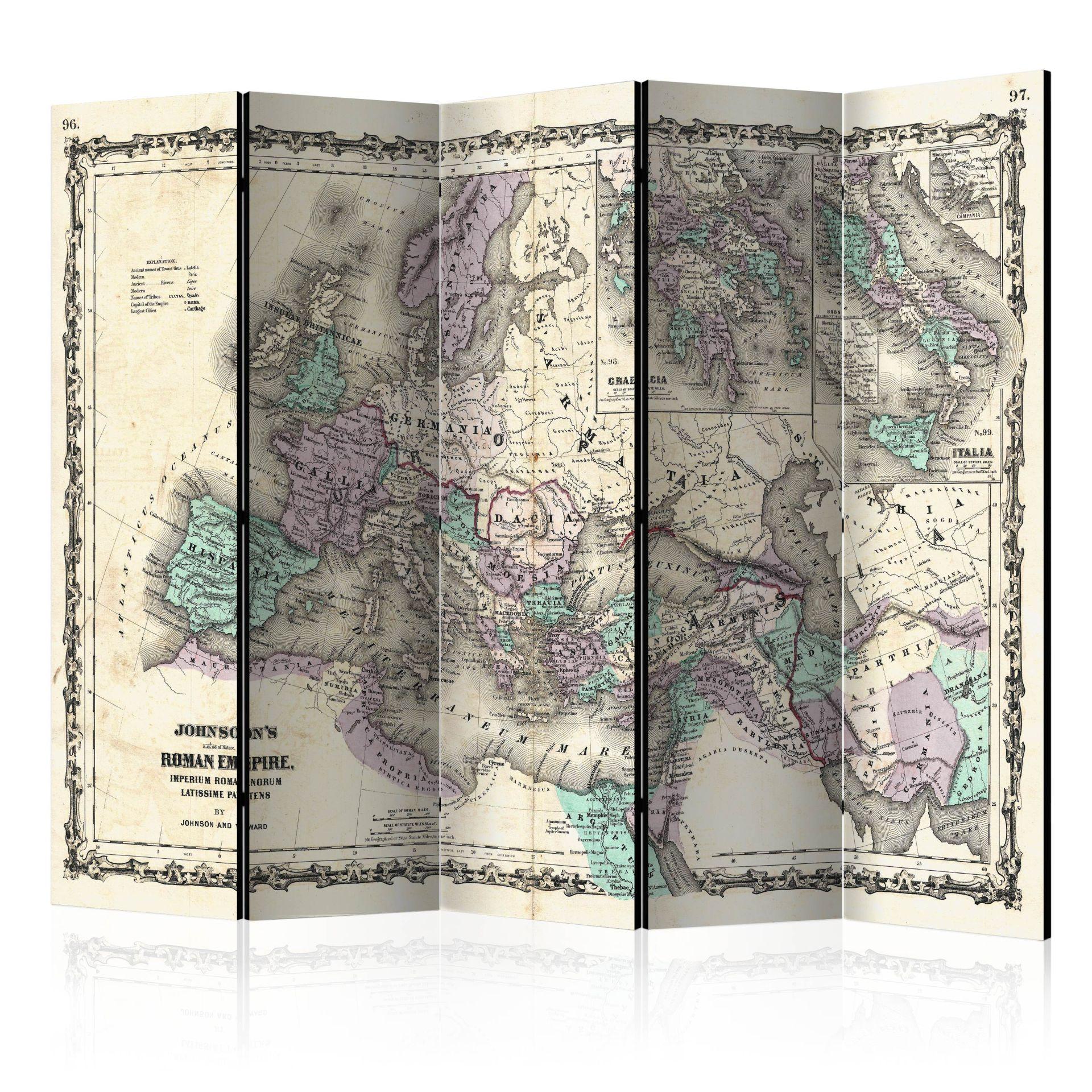 Skærm til rumopdeling - Verdenskort - Den romerske odyssé, 5-delt - 225x172 cm