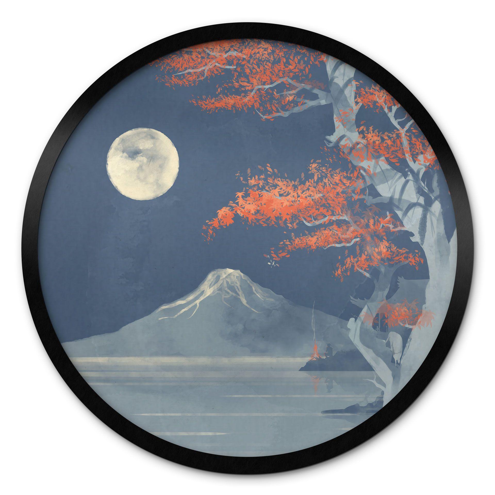Plakat Vintage - Fuldmåne over toppen af Fuji-san - Roze - Round