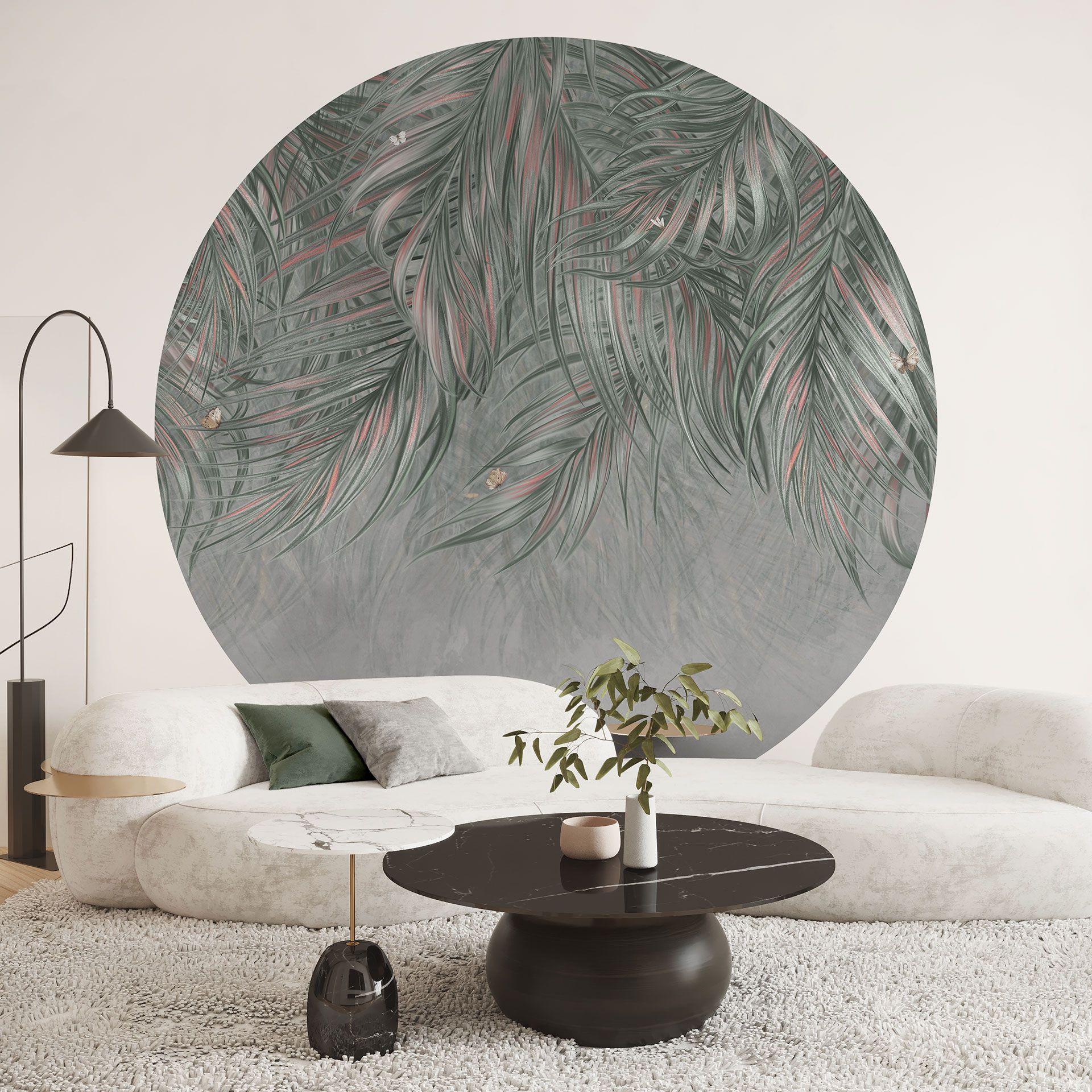 Fotobehang jungle - exotische palmbladeren roze-groen - Ms Tiff - rond - zelfklevend/niet-geweven