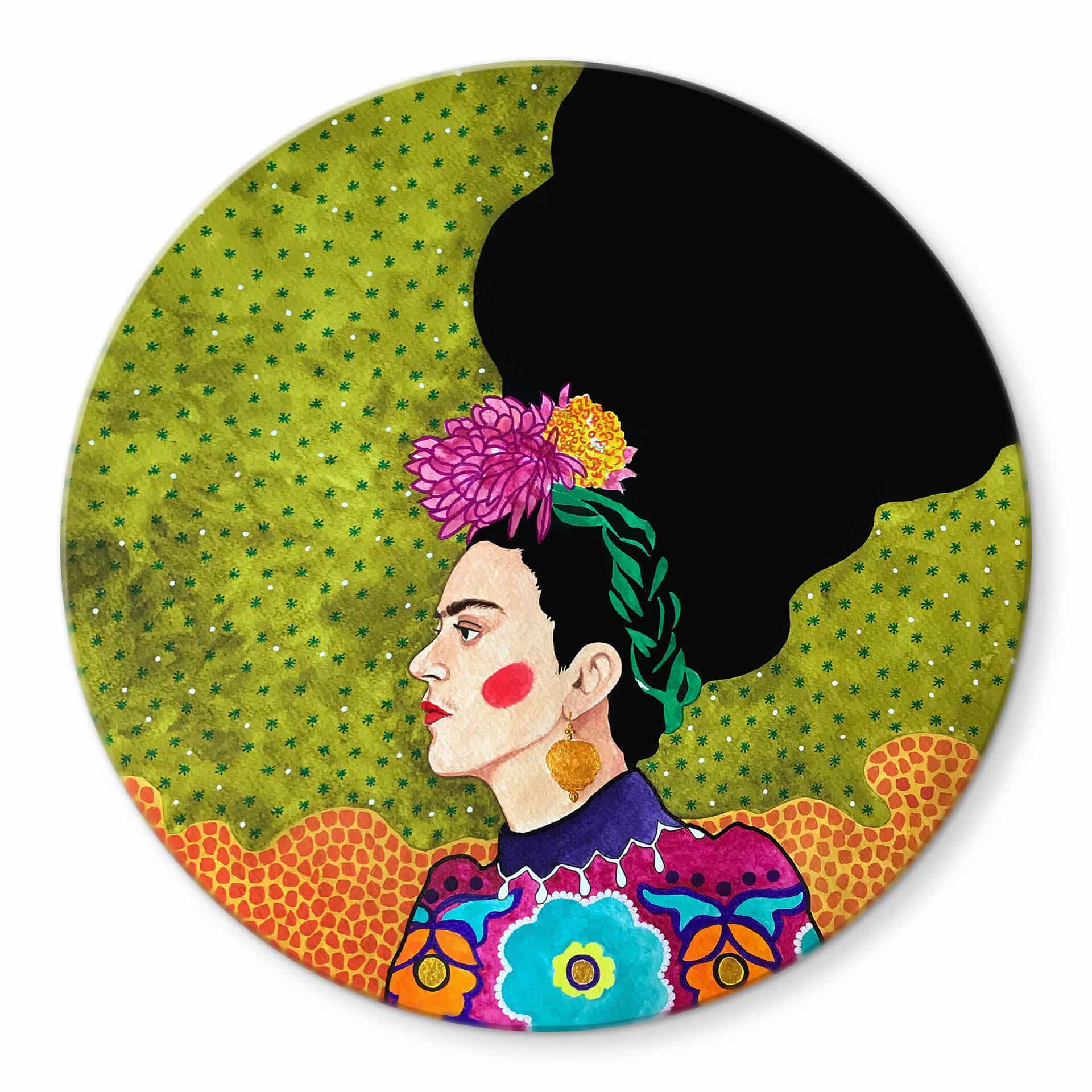 Tableau en verre Hülya - Portrait de Frida  - Rond