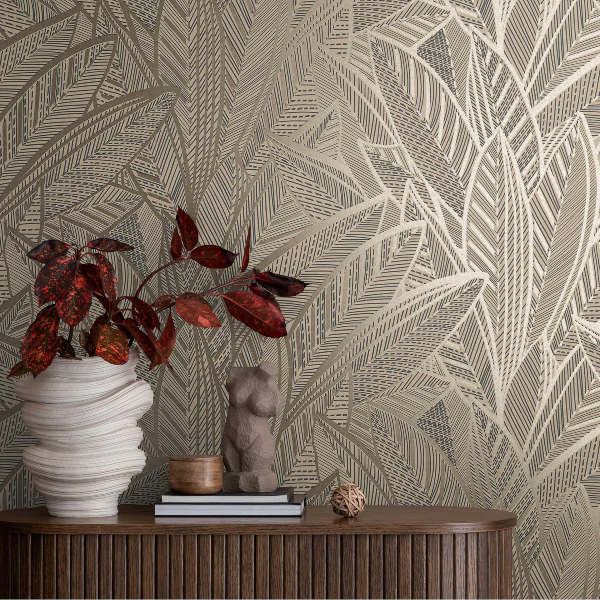 Jungle tapet med bladmønster beige brun - eksotisk Ikke-vævet tapet moderne & elegant