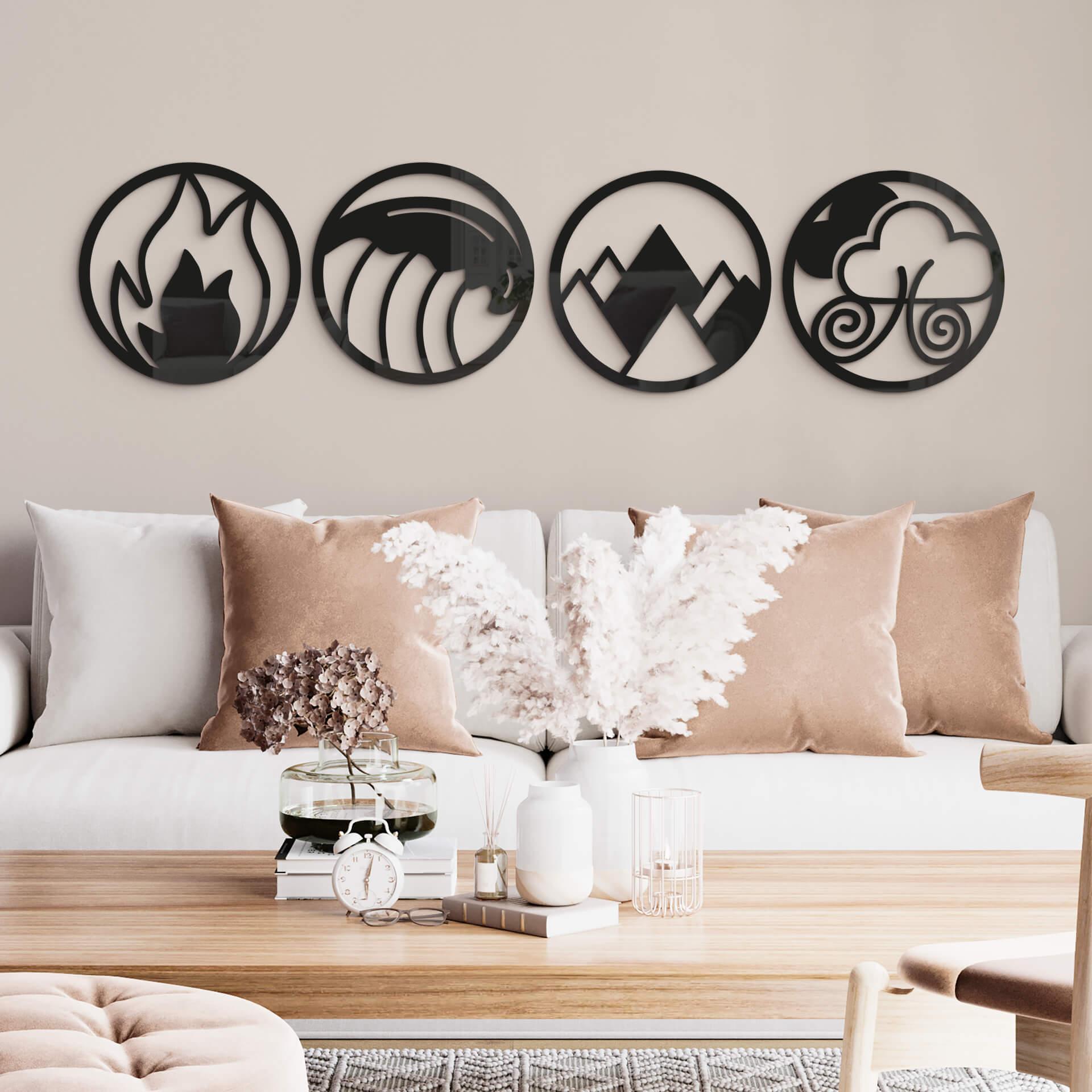 Decoración acrílica redonda Cuatro Elementos - Fuego Agua Tierra Aire (4 piezas)