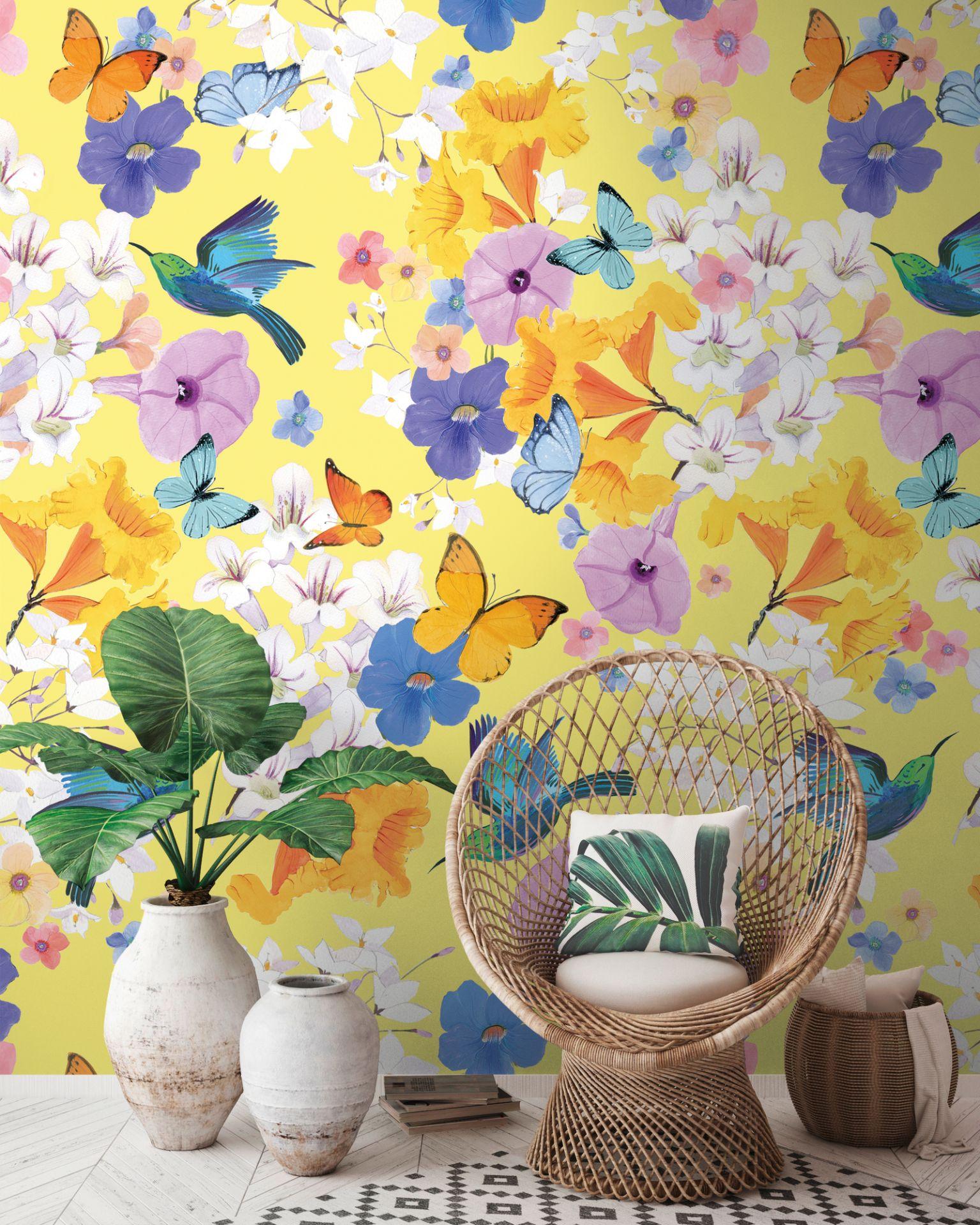 tapet blomstermotiver gul - non-woven tapet blomster planter Livingwalls - mat og glat