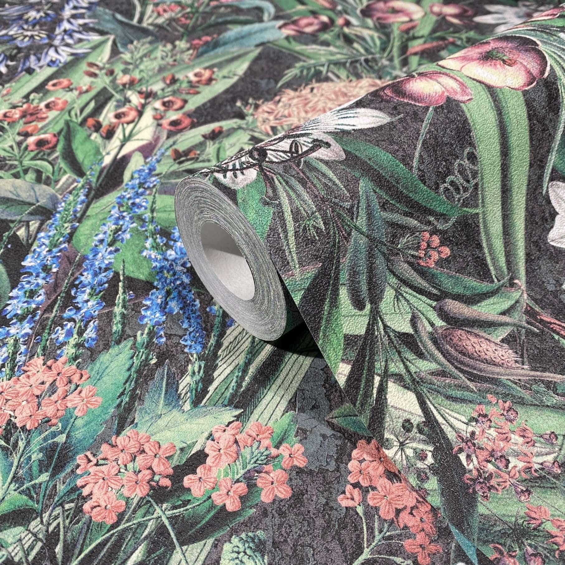 Tapet, non-woven blomstertapet Flora sort, grøn