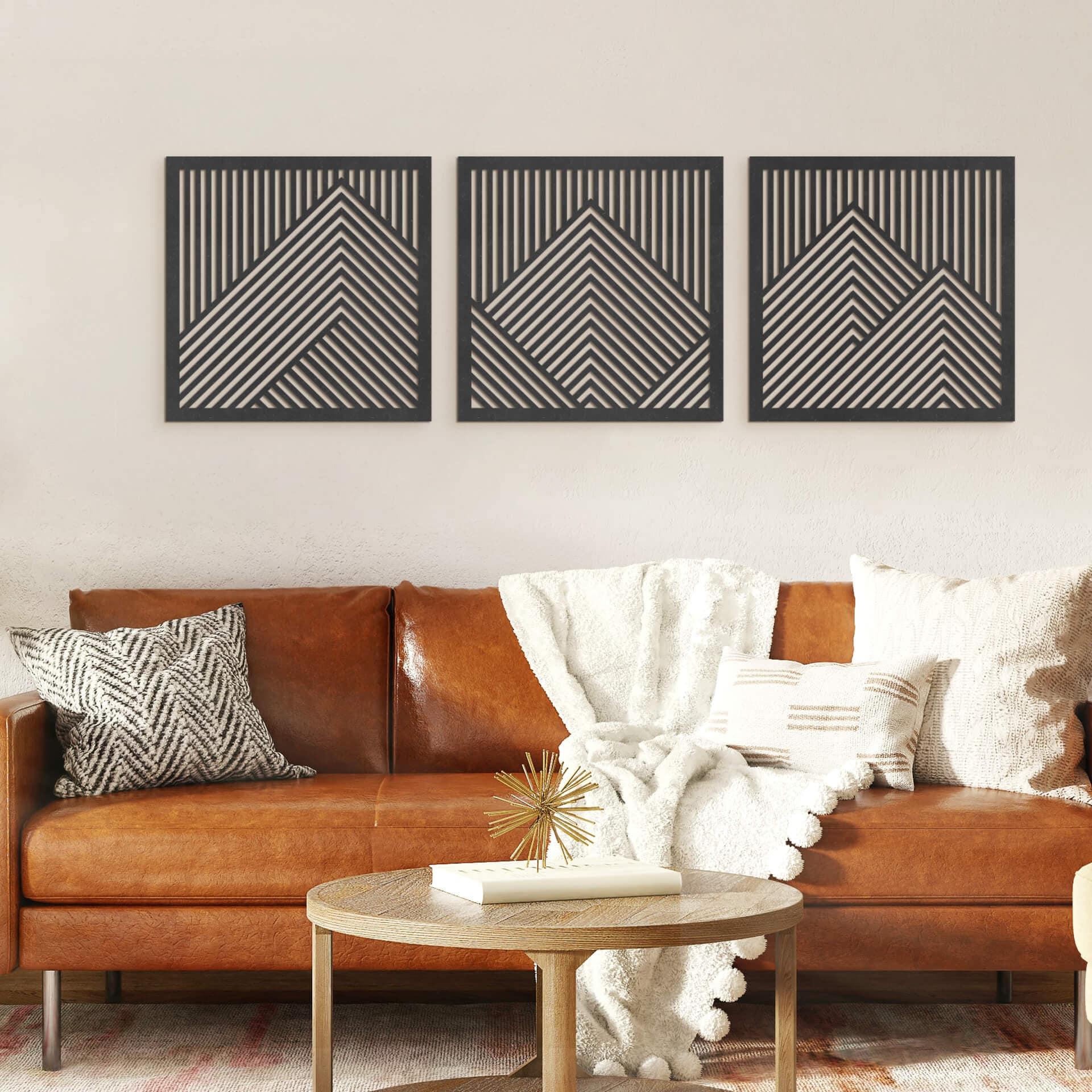 decoración mural 3D paisaje de montaña paneles murales motivo madera geométrico (3 piezas) - MDF