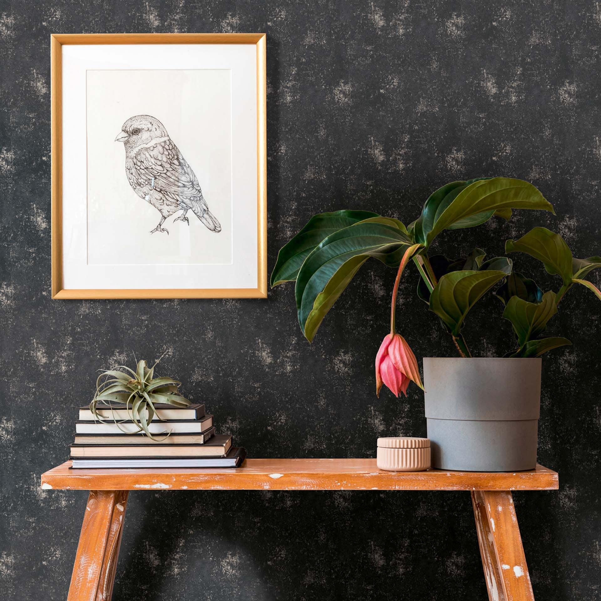 Papel pintado vintage negro oro no tejido efecto metalizado para dormitorio, pasillo