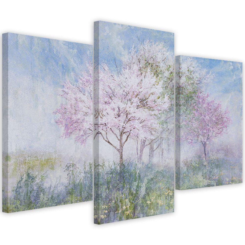 3 stykke lærredstryk, et blomstrende træ på engen