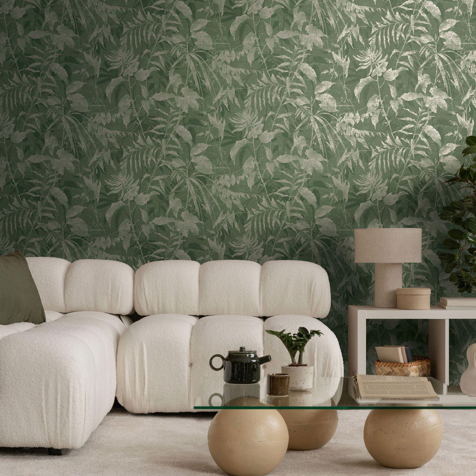Papel pintado selva arena verde oscuro - diseño de plantas exóticas 