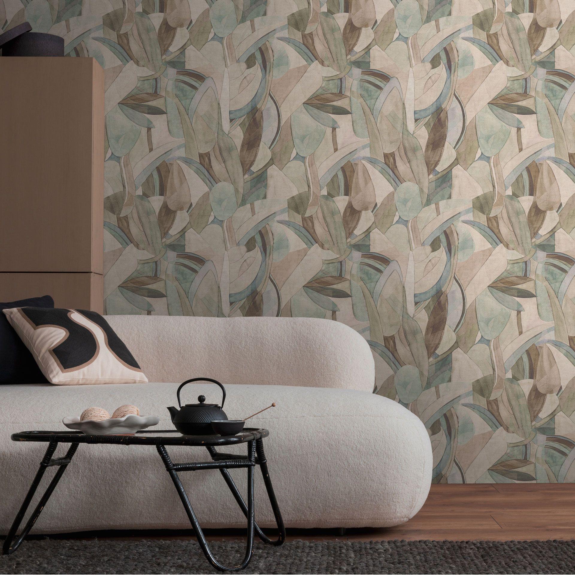 Papier peint abstrait feuilles en beige vert bleu - tons naturels doux - papier peint intissé