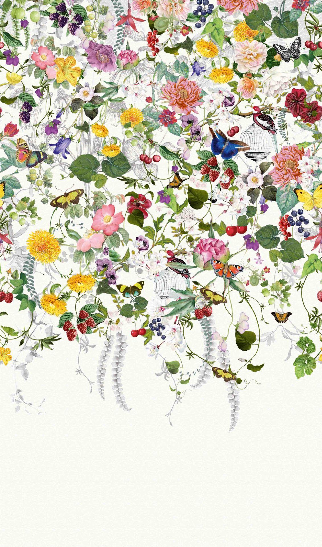 Fototapet Farverig blomstereng med sommerfugle og bær vintage 2,7 x 1,59 m