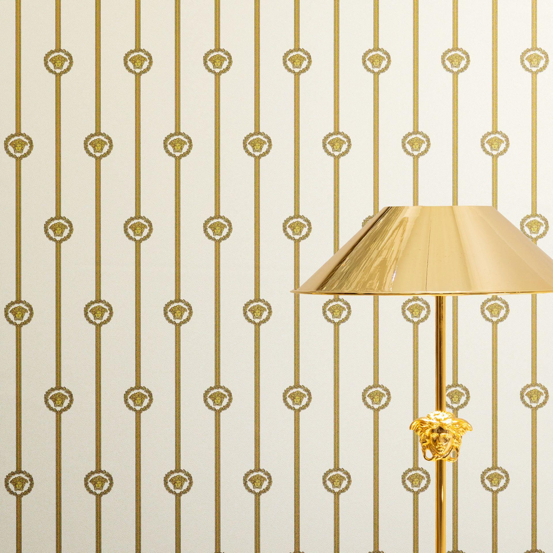 Versace ikke-vævet tapet I Love Baroque striber Medusa White Gold luksuriøst