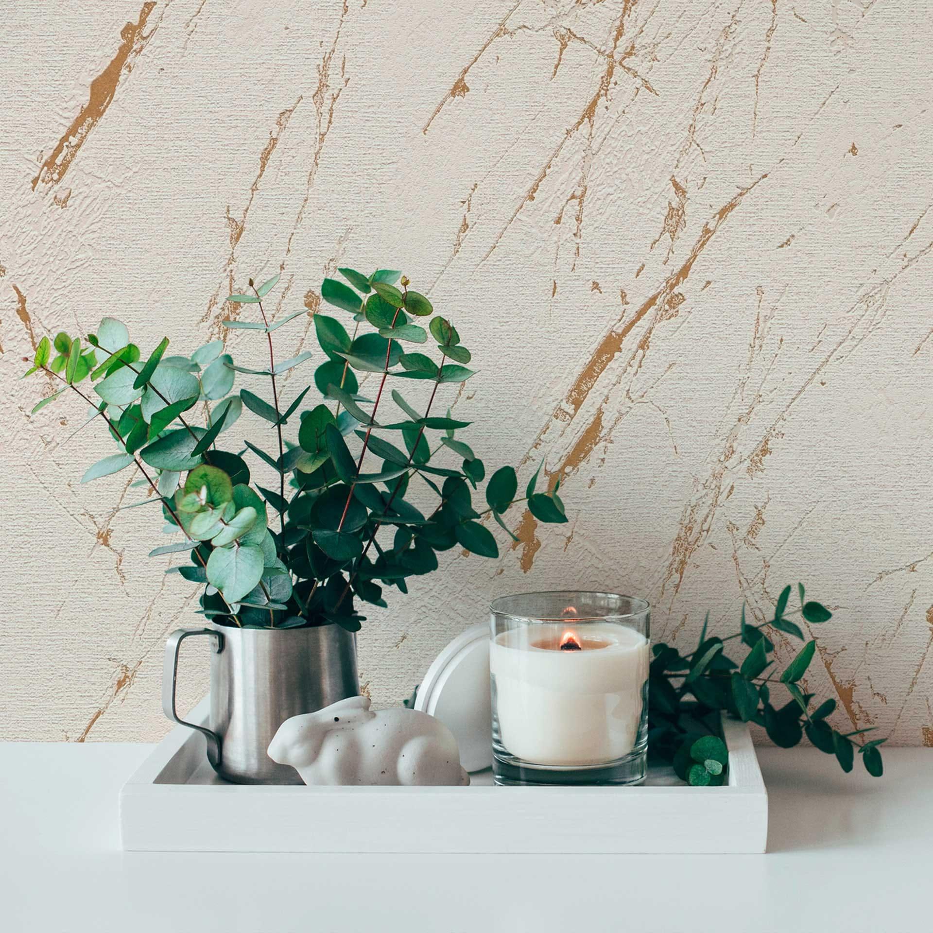 Papel pintado moderno de tejido-no tejido mármol beige oro - papel pintado con efecto metálico