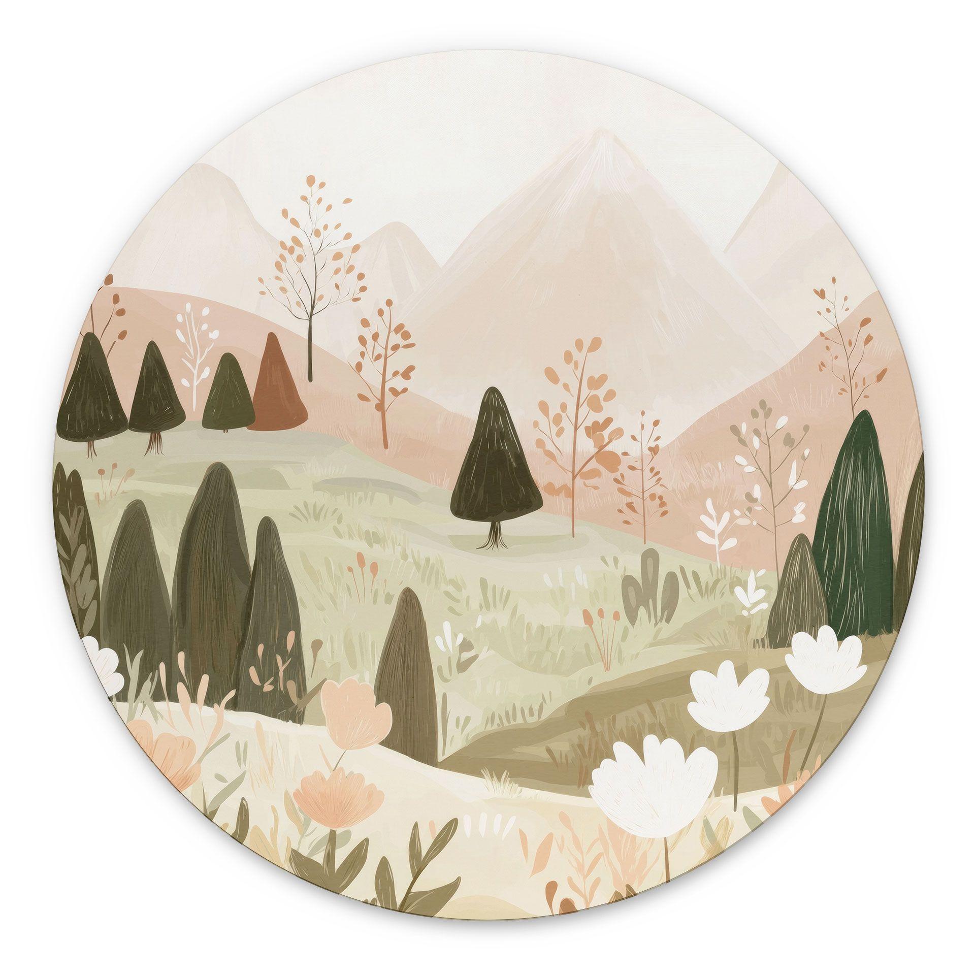 Billede af pastelfarvet bjerglandskab med blomster - Treechild - rund – print på aluminium