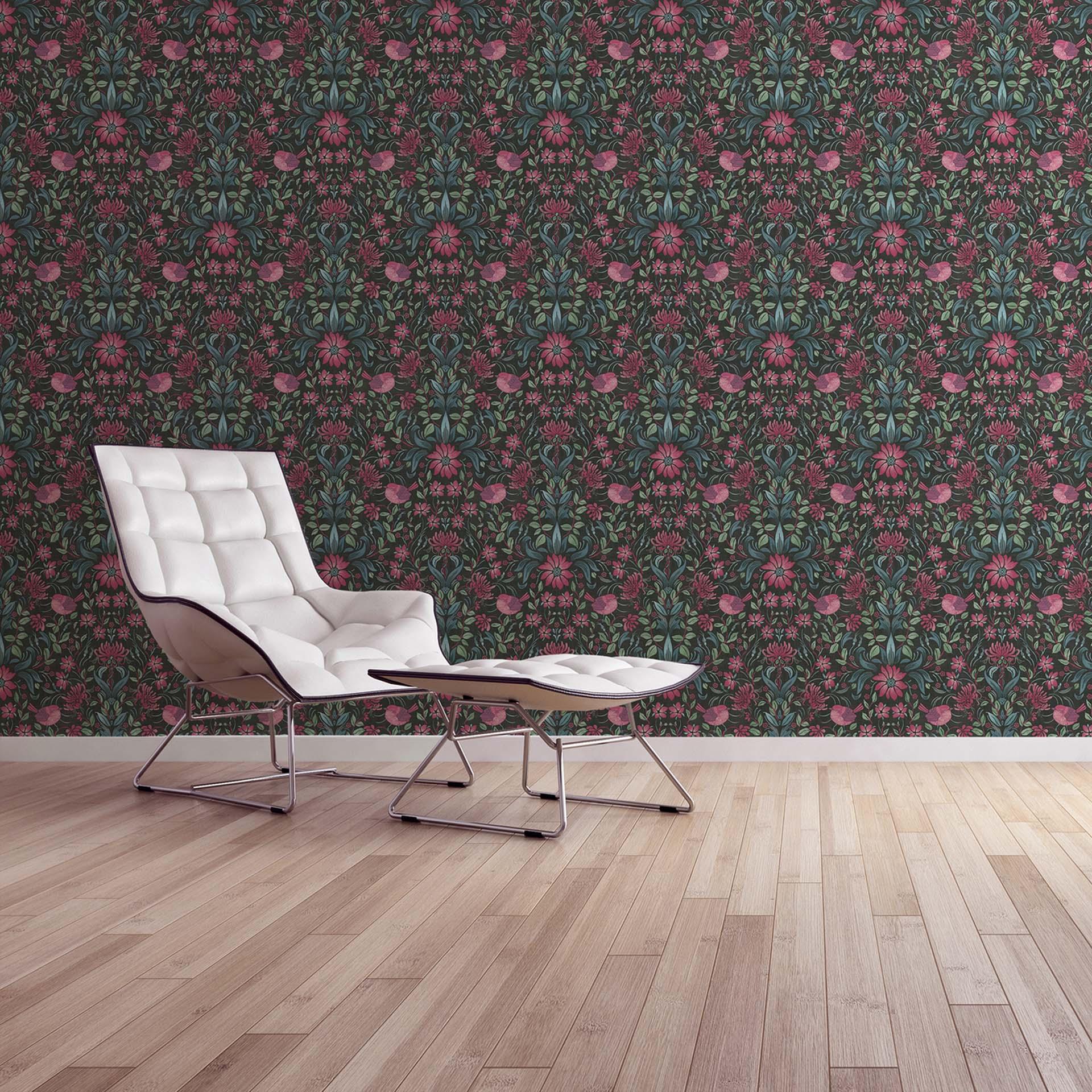 Floral negro rosa - Papel pintado no tejido Casa de campo A.S. Création - Estructura ligera mate