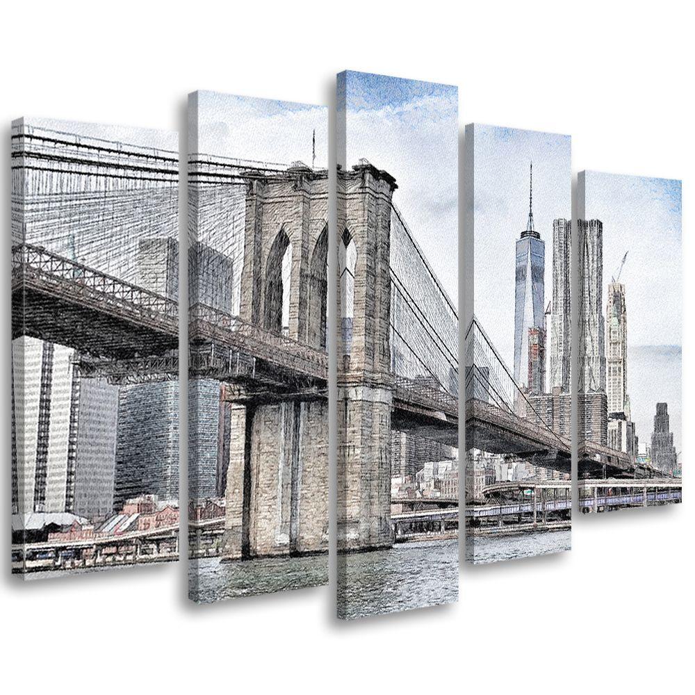 Lærredstryk 5 stykker, Brooklyn Bridge City New York