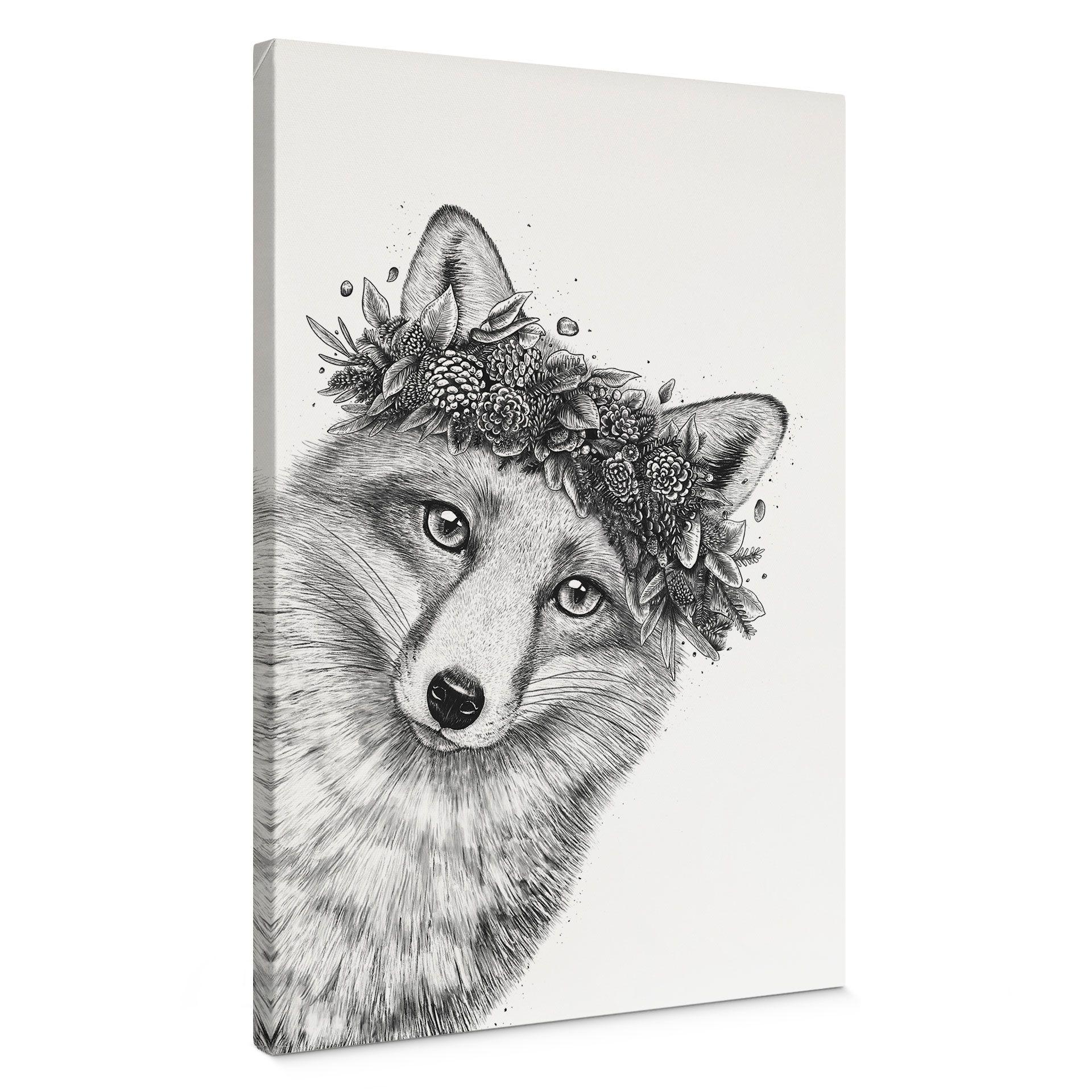 Canvasbillede Sort og hvid ræv med blomsterkrans - Korenkova