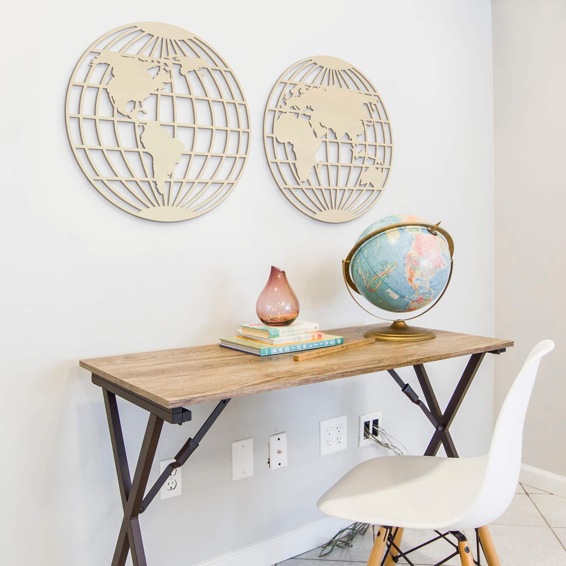 Arte en madera de álamo - Mapamundi - Globo terráqueo (2 partes)