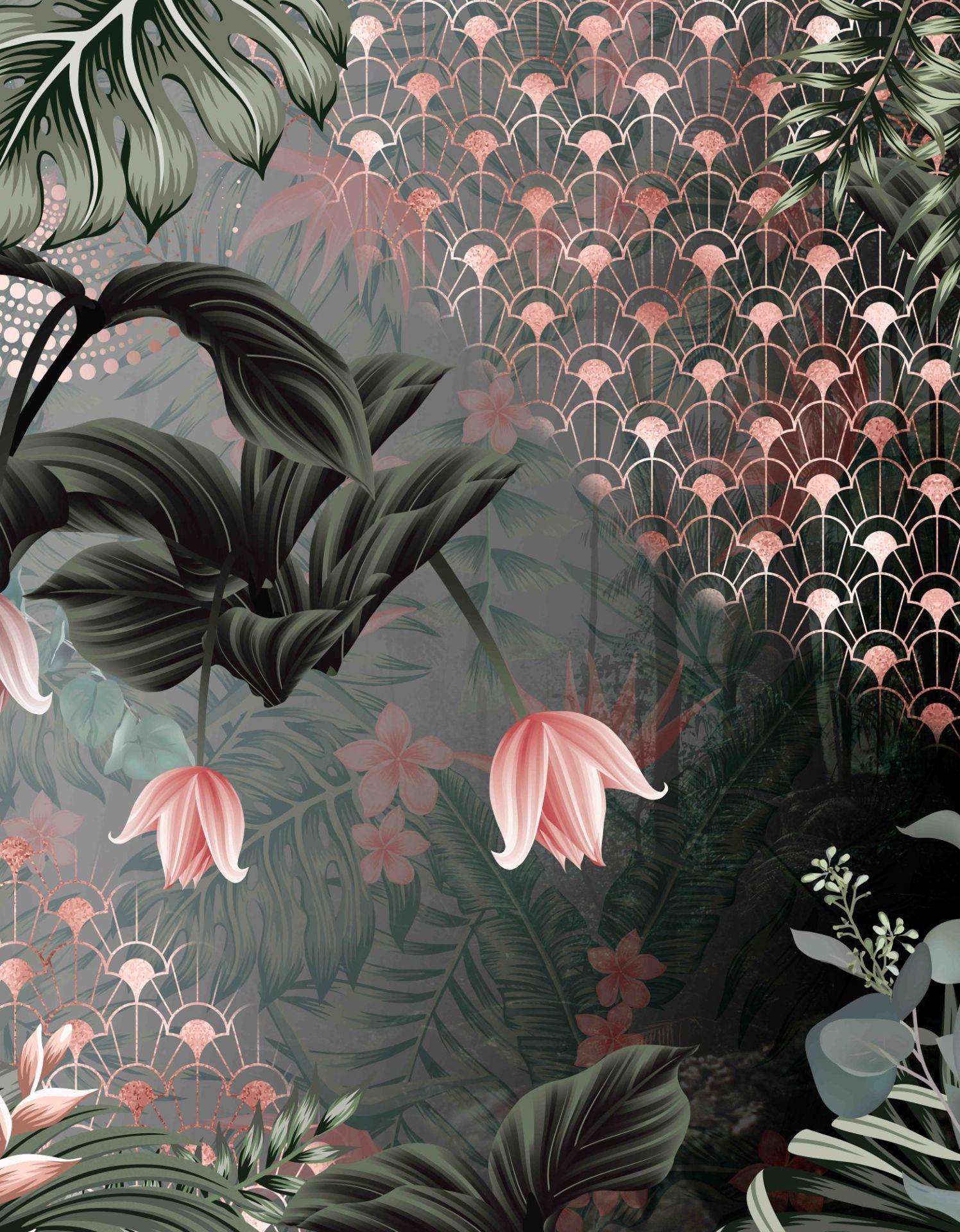 Fototapet i art deco-stil Kran i junglen med blomster og viftemønster 3,4 x 2,65 m