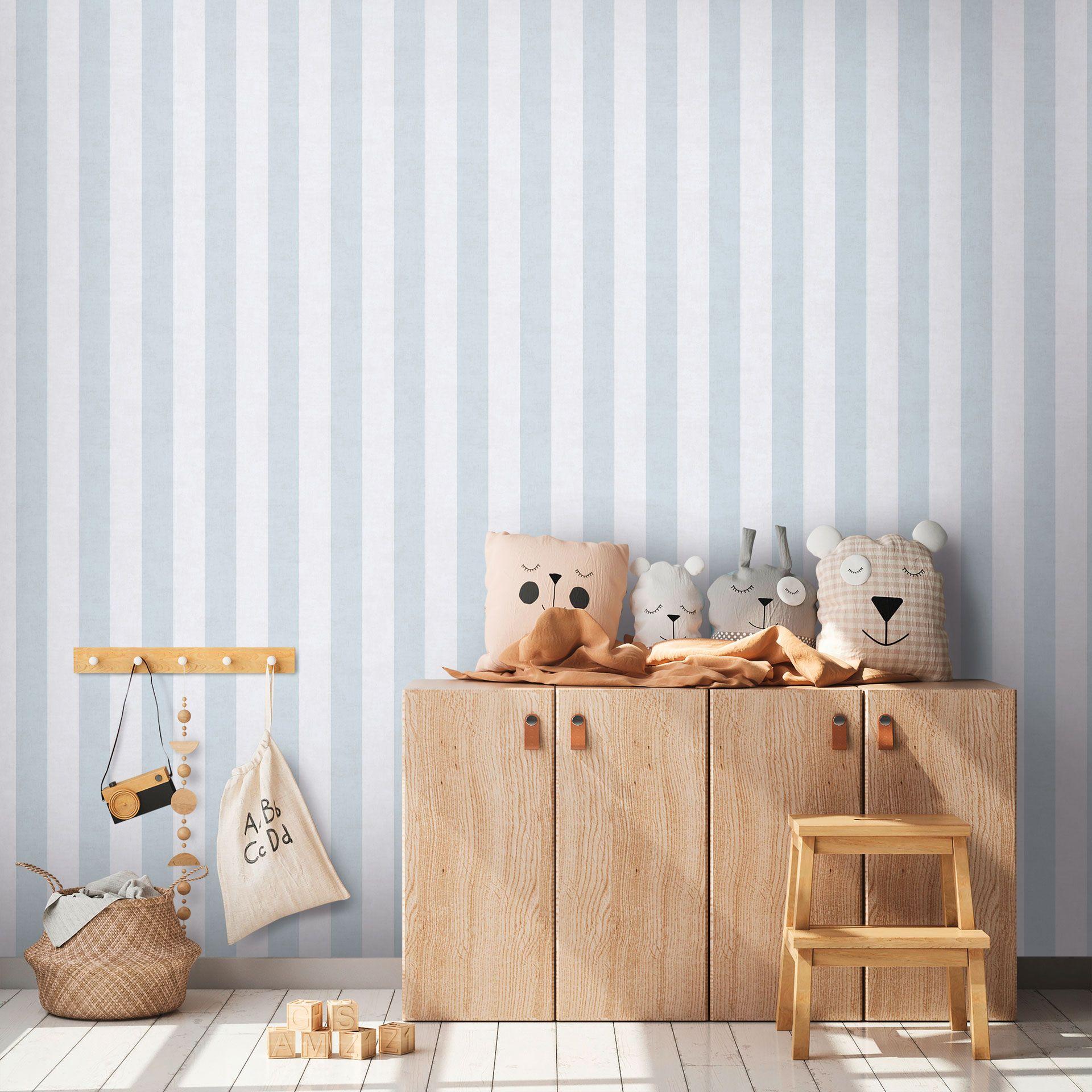 Papel pintado a rayas azul claro blanco - Papel no tejido rayas para habitaciones infantiles & más