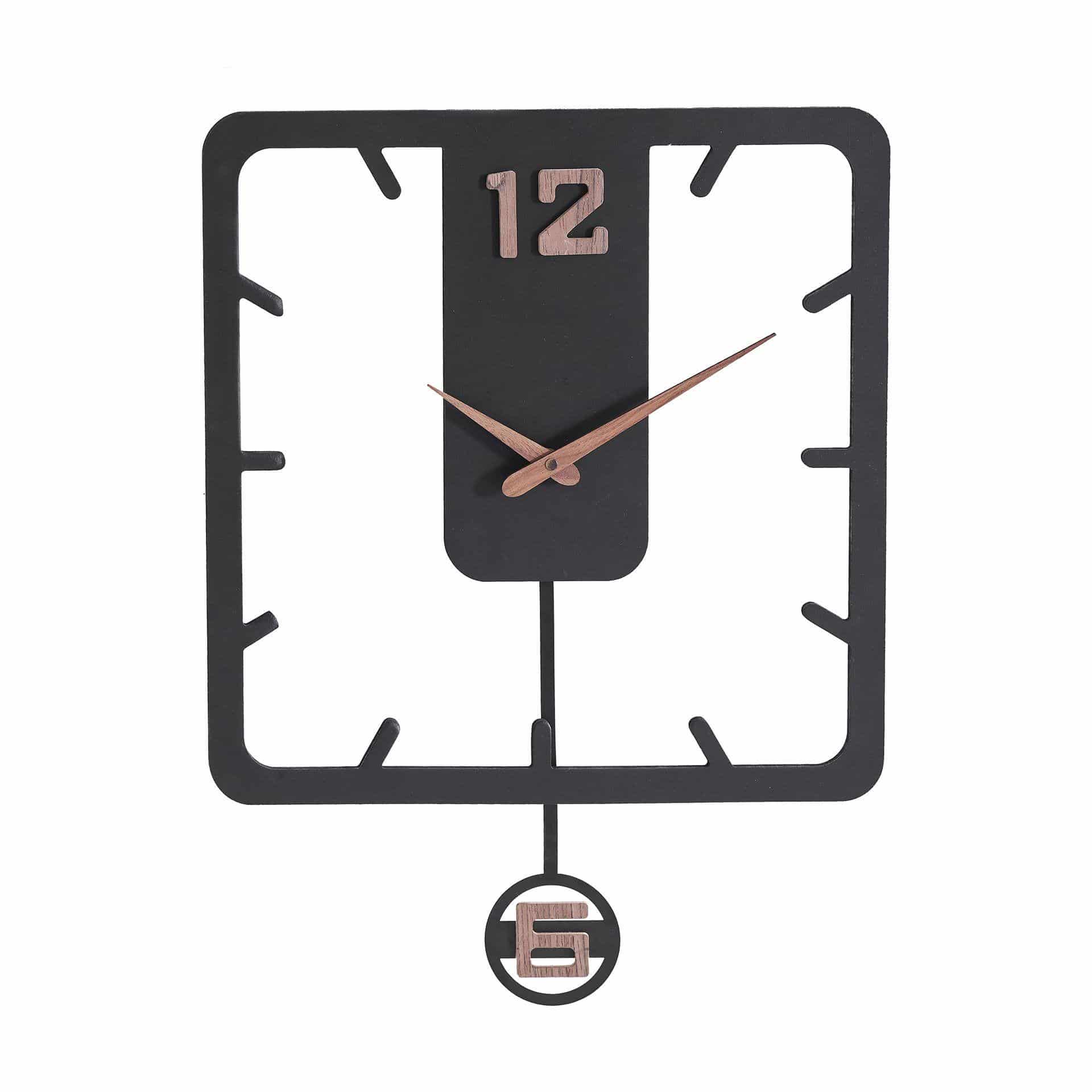 Holz-Wanduhr mit Pendel | MDF | mattschwarz, quadratisch, 52 x 40 cm