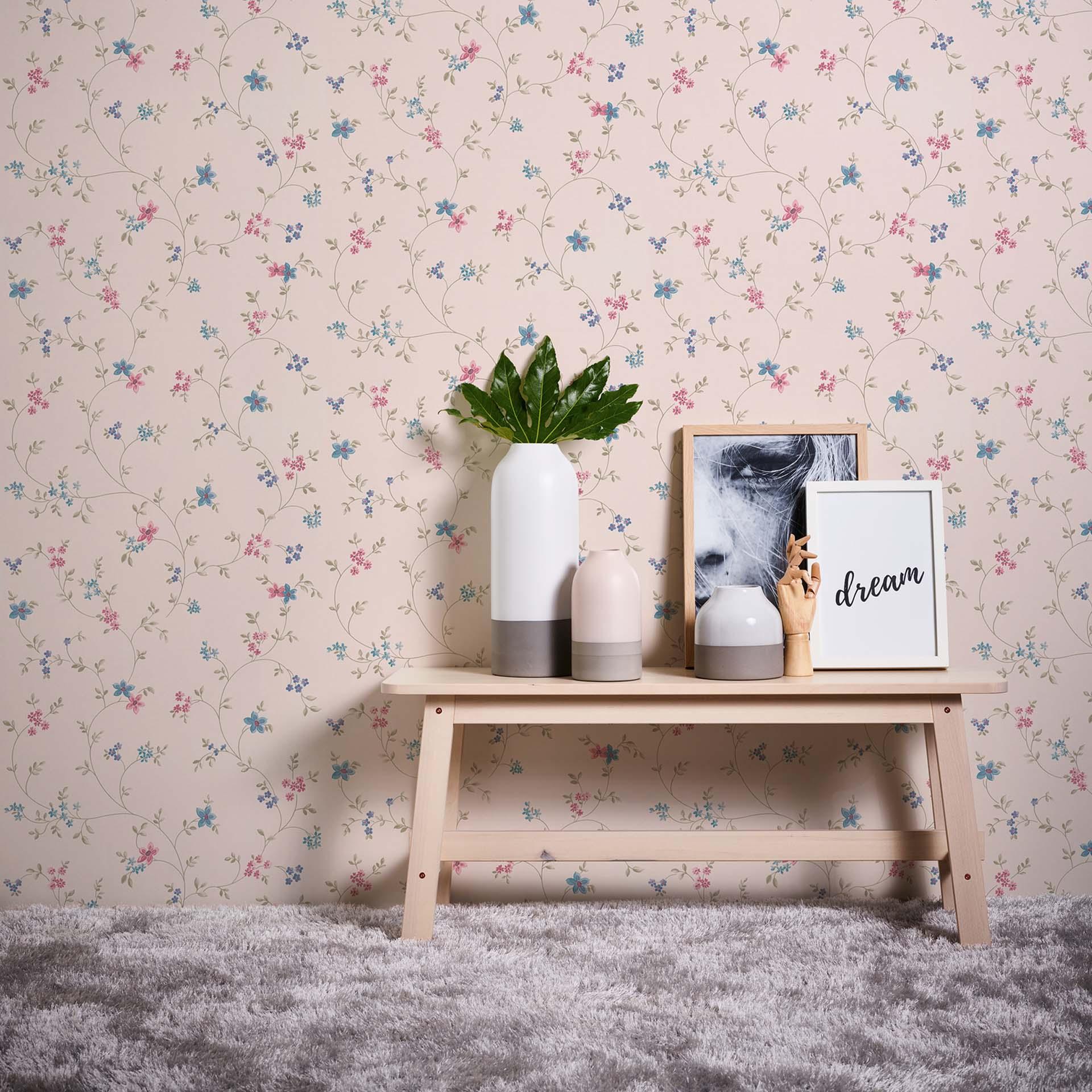 Papel pintado Floral verde crema - papel pintado no tejido casa de campo A.S. Création - textura ligera mate