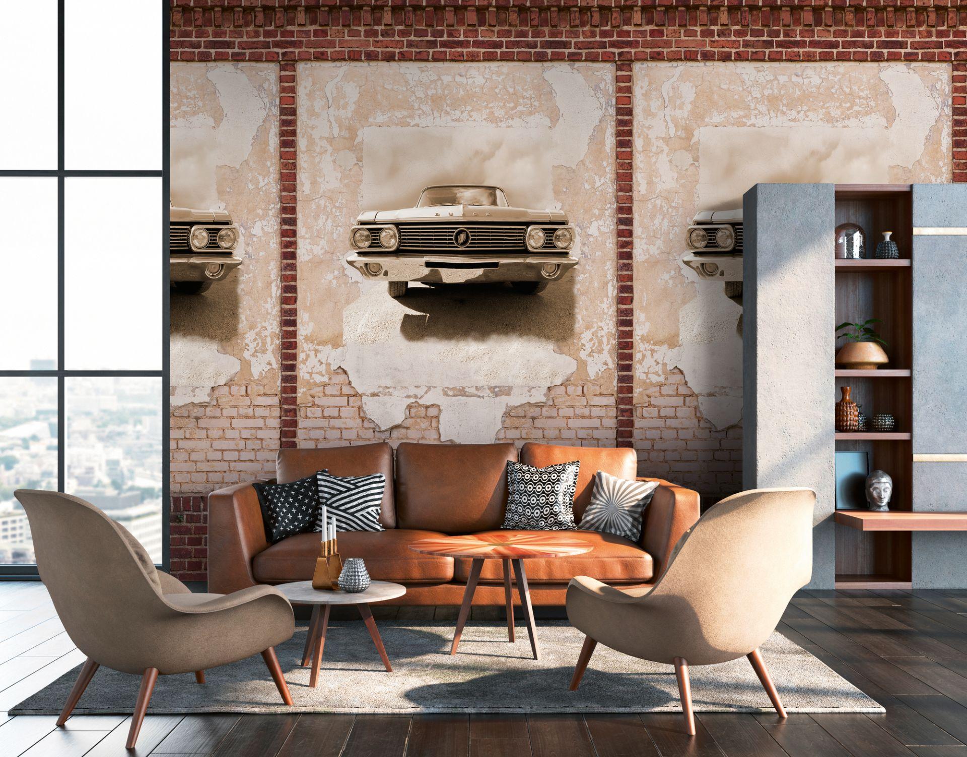 tapet veteranbil brun beige - non-woven tapet moderne vægge - mat og glat
