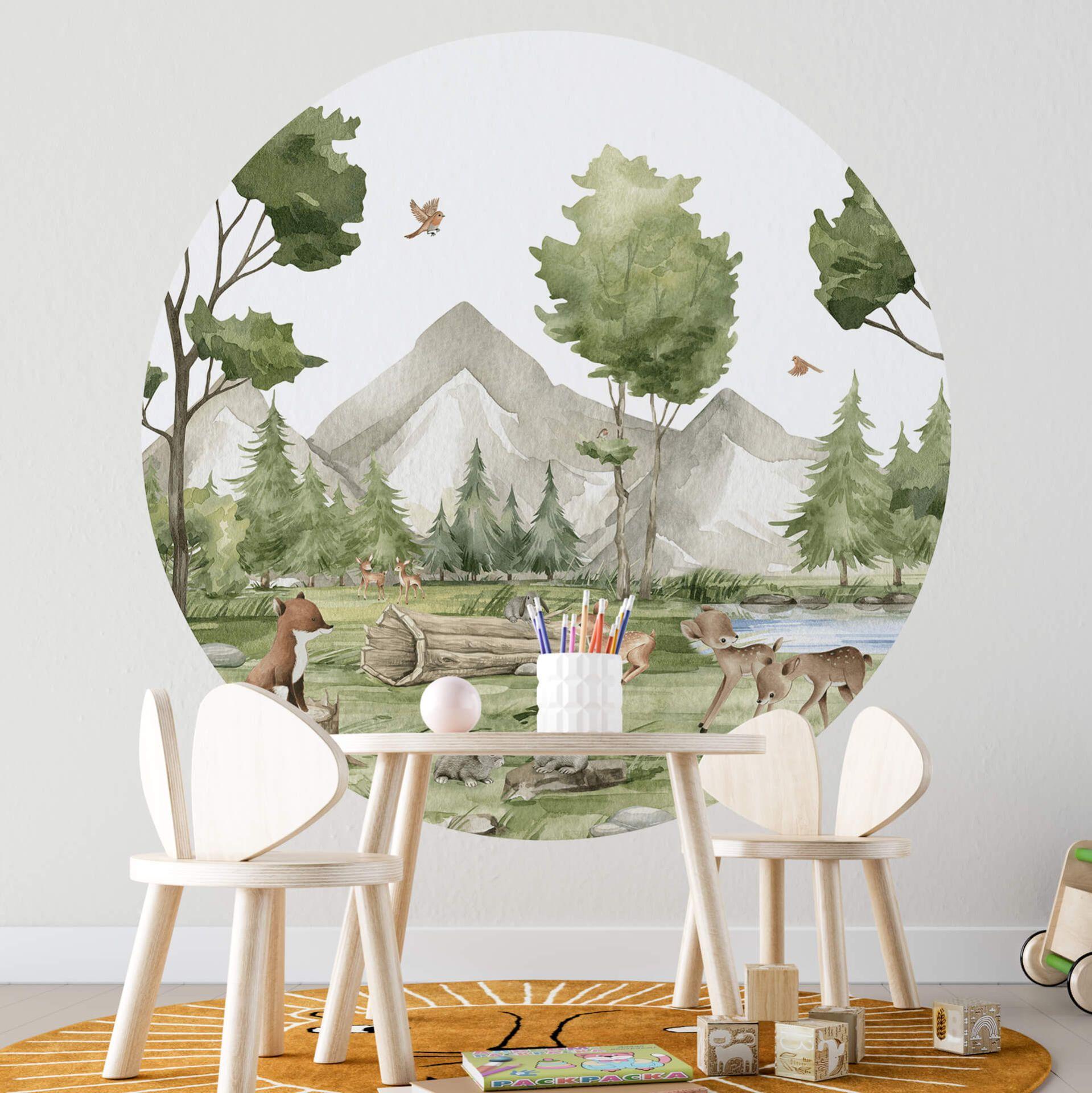 Tapet cirkel Oliver Robins - Cute Forest Animals - vliesetapet/selvklæbende non-woven tapet